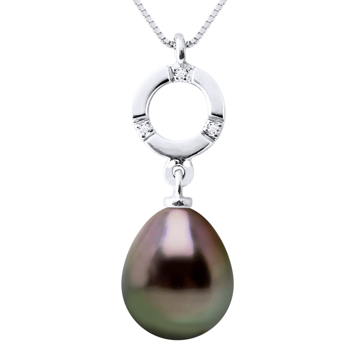 Collier Véritable Perle de Tahiti Poire 9-10 mm Diamants 0.01 ct — Or Blanc 375 Millièmes — 42 cm 1