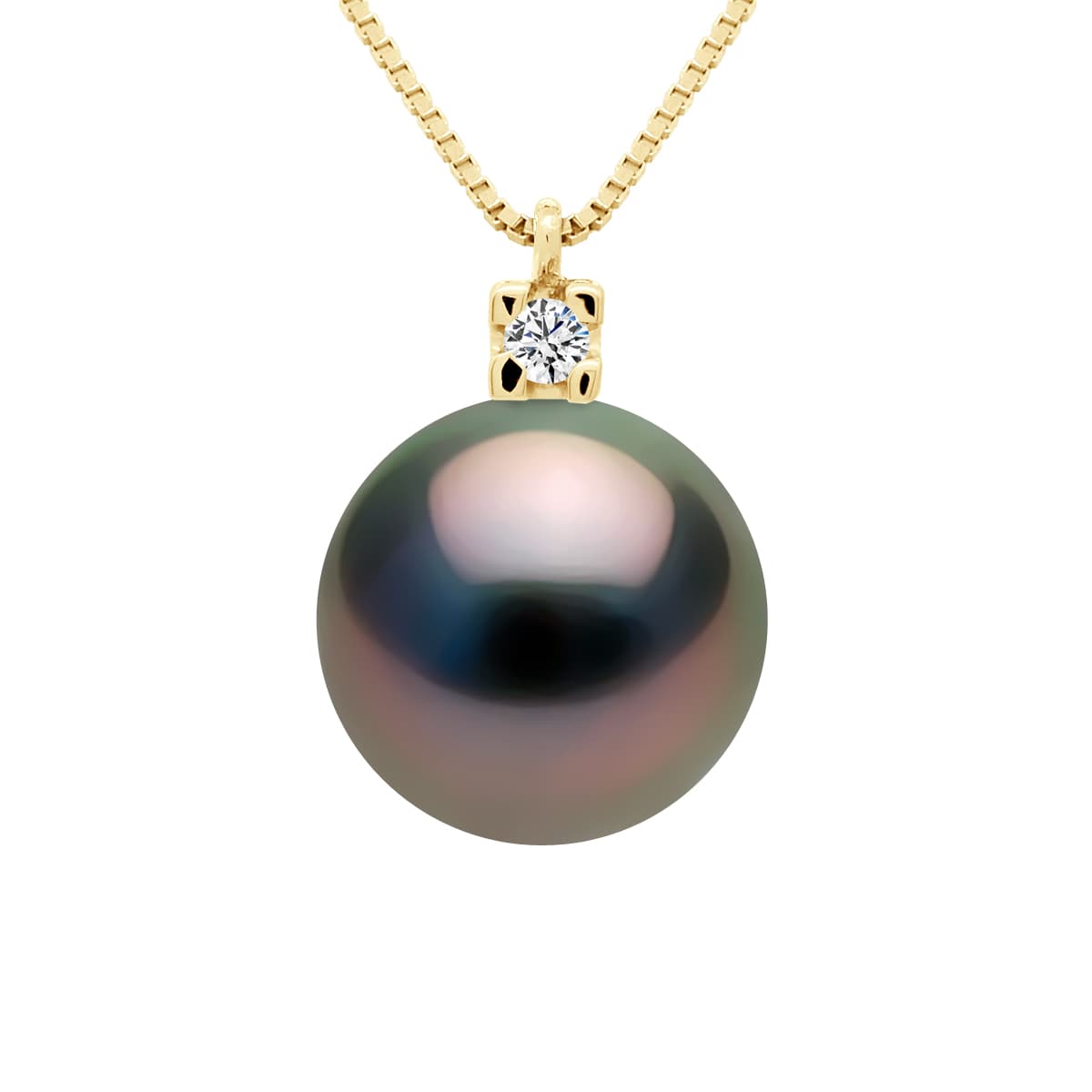 Collier Véritable Perle de Tahiti Ronde 9-10 mm Diamants 0.02 ct — Or Jaune 375 Millièmes — 42 cm 1