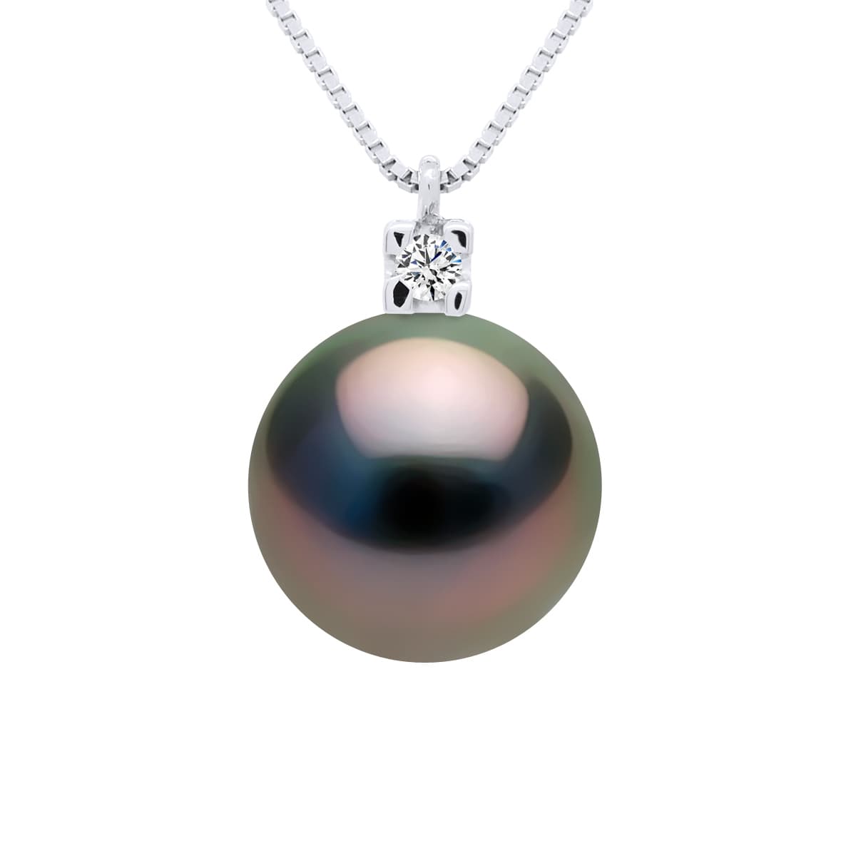 Collier Véritable Perle de Tahiti Ronde 9-10 mm Diamants 0.02 ct — Or Blanc 375 Millièmes — 42 cm 1
