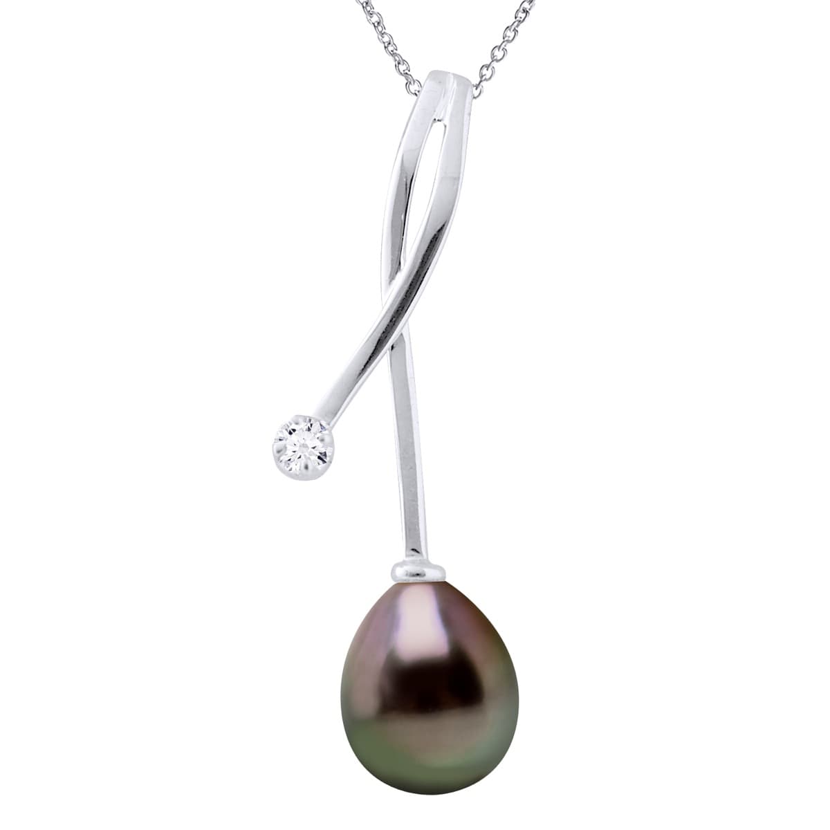 Collier Perles de Tahiti Poires 8-9 mm Diamants 0.02 ct — Or Blanc 375 Millièmes — 42 cm 1