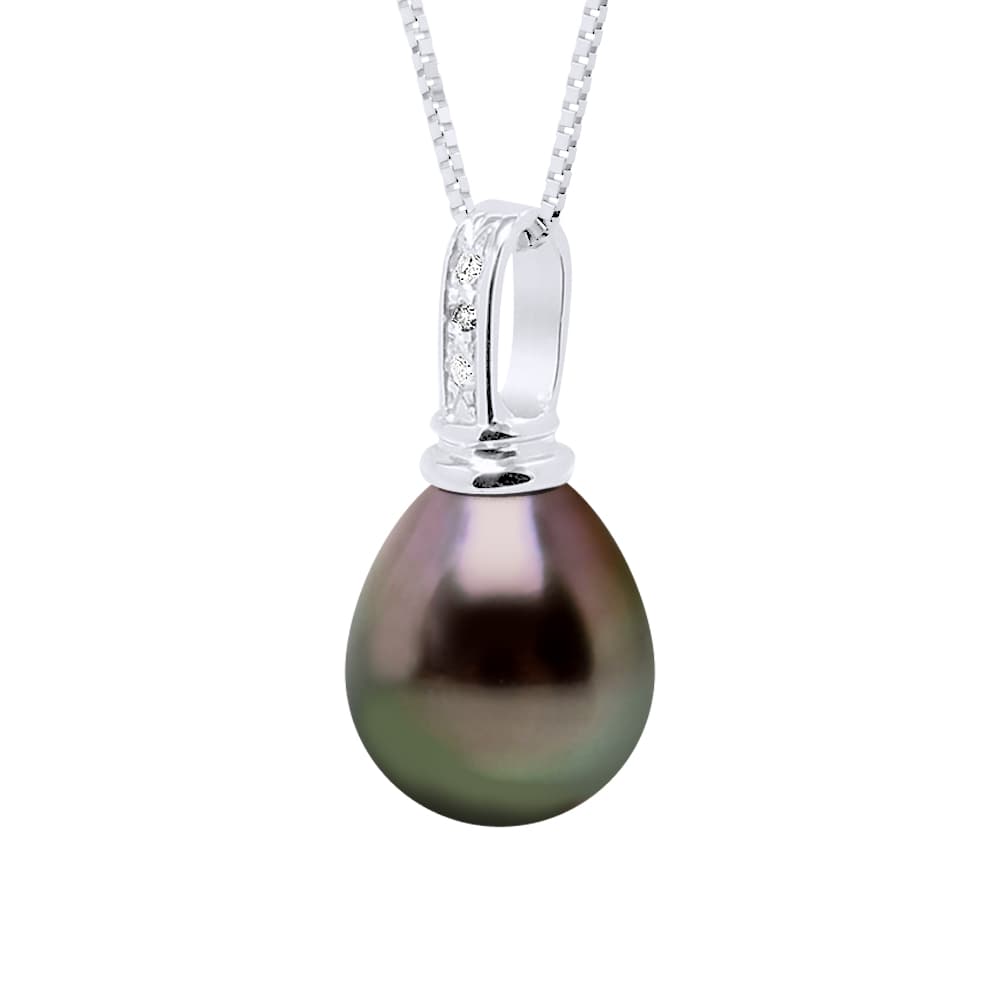 Collier Véritable Perle de Tahiti Poire 10-11 mm Diamant 0.03 ct — Or Blanc 375 Millièmes — 42 cm 1