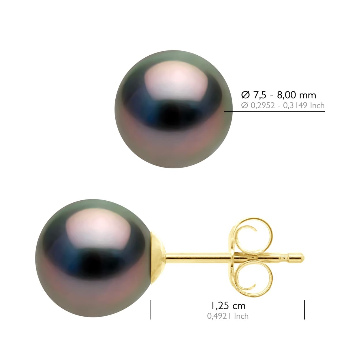 Boucles d'Oreilles Véritables Perles de Tahiti Semi-Rondes 7.5-8 mm — Or Jaune 375 Millièmes 2