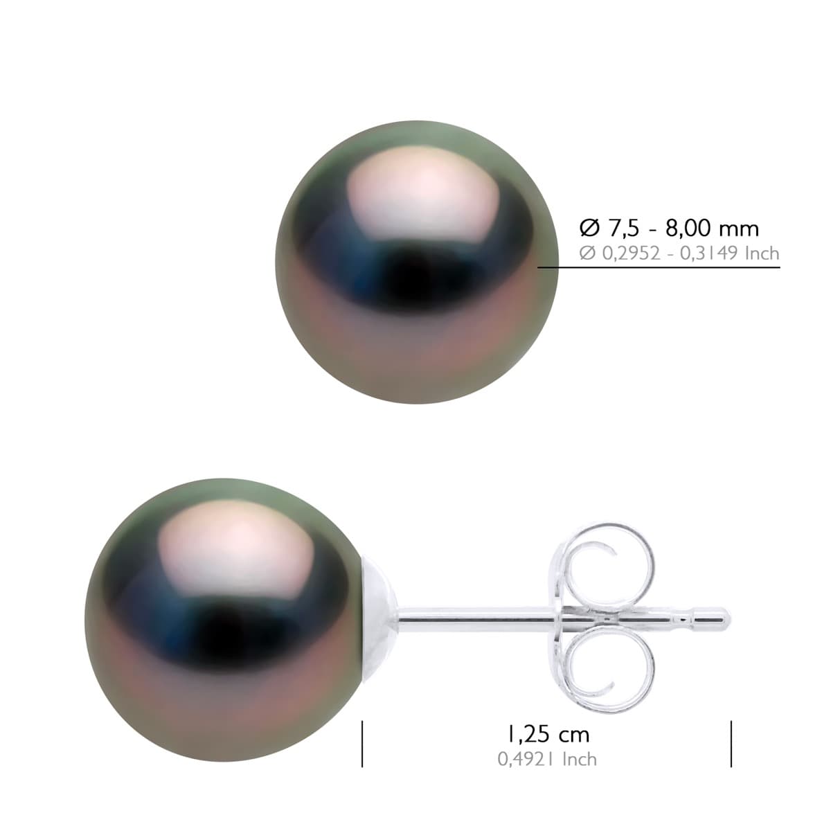 Boucles d'Oreilles Véritables Perles de Tahiti Semi-Rondes 7.5-8 mm — Or Blanc 375 Millièmes 2