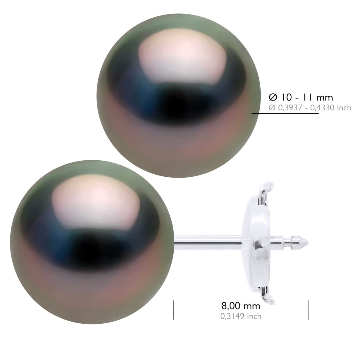 Boucles d'Oreilles Véritables Perles de Tahiti Rondes 10-11 mm — Or Blanc 375 Millièmes 2