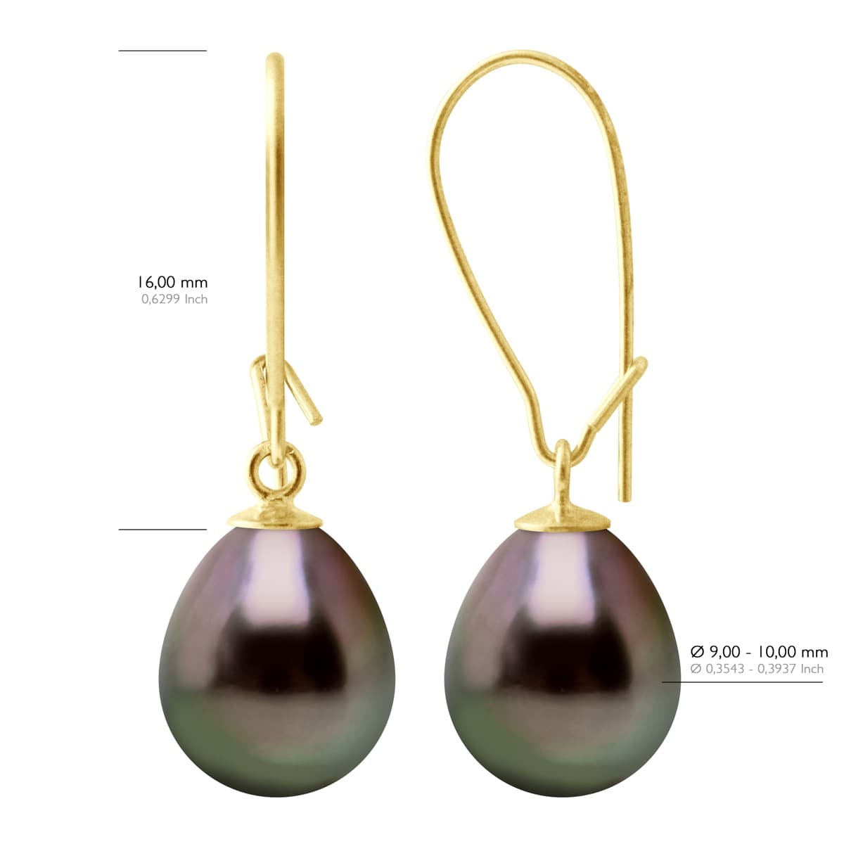 Boucles d'Oreilles Véritables Perles de Tahiti Poires 9-10 mm — Or Jaune 375 Millièmes 2