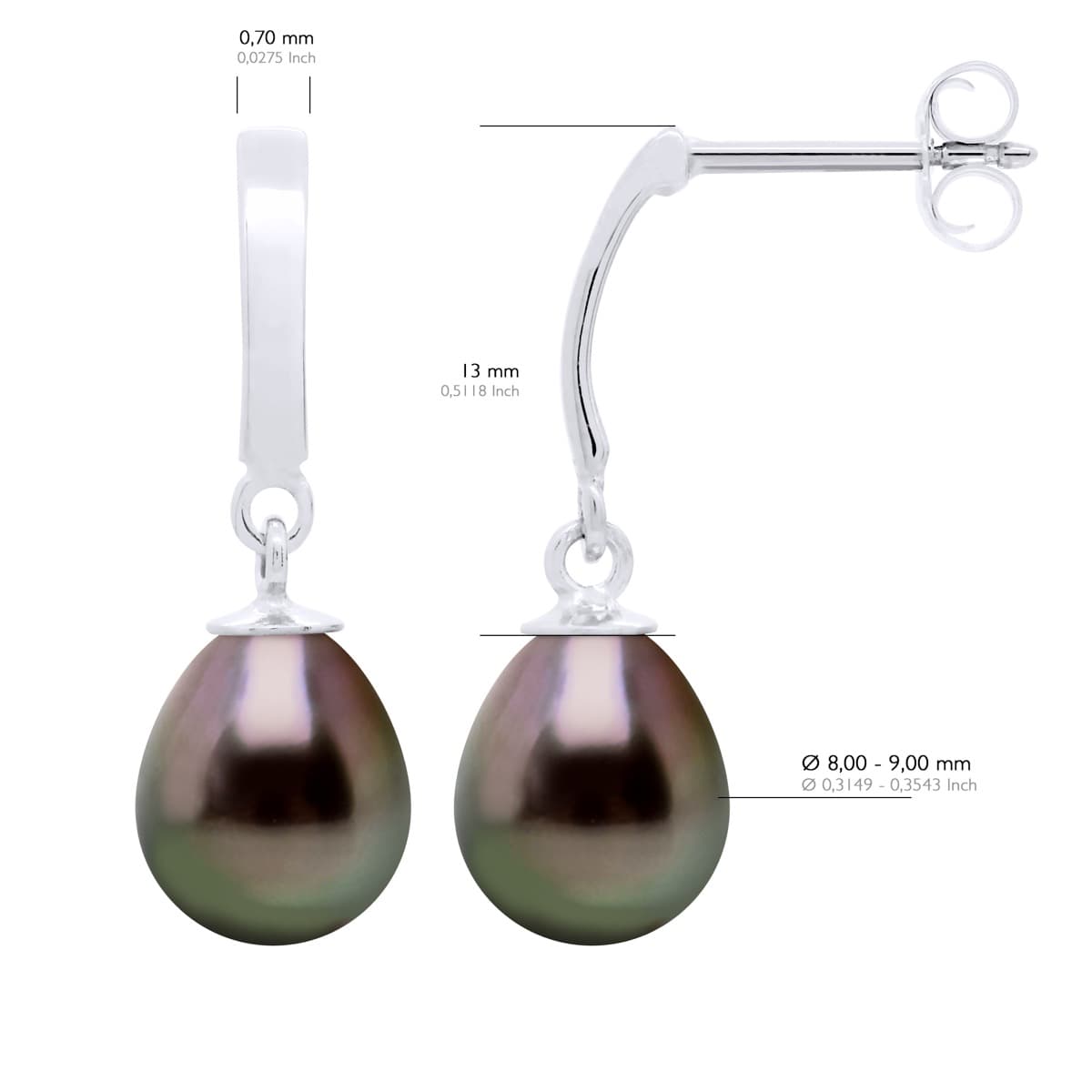 Boucles d'Oreilles Véritables Perles de Tahiti Poires 8-9 mm — Or Blanc 375 Millièmes 3