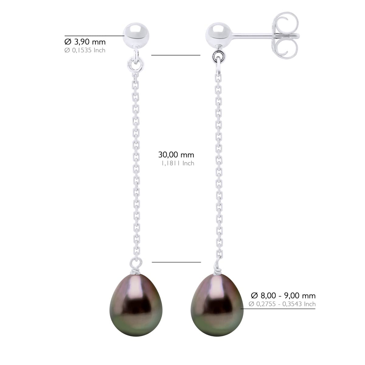 Boucles d'Oreilles Véritables Perles de Tahiti Poires 8-9 mm — Or Blanc 375 Millièmes 2
