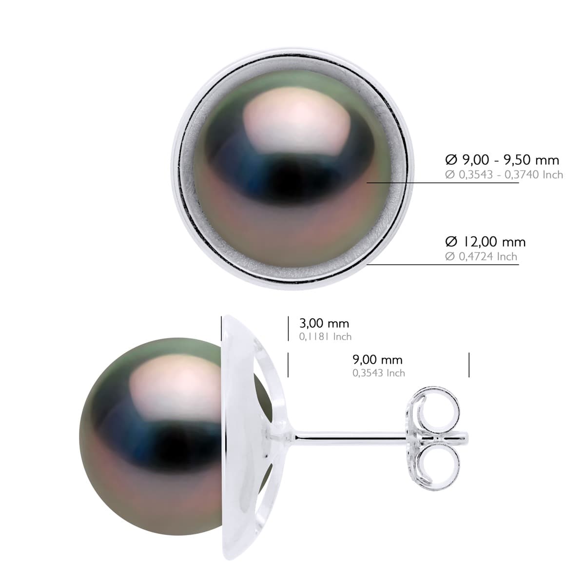 Boucles d'Oreilles Véritables Perles de Tahiti Rondes 9-10 mm — Or Blanc 375 Millièmes 2
