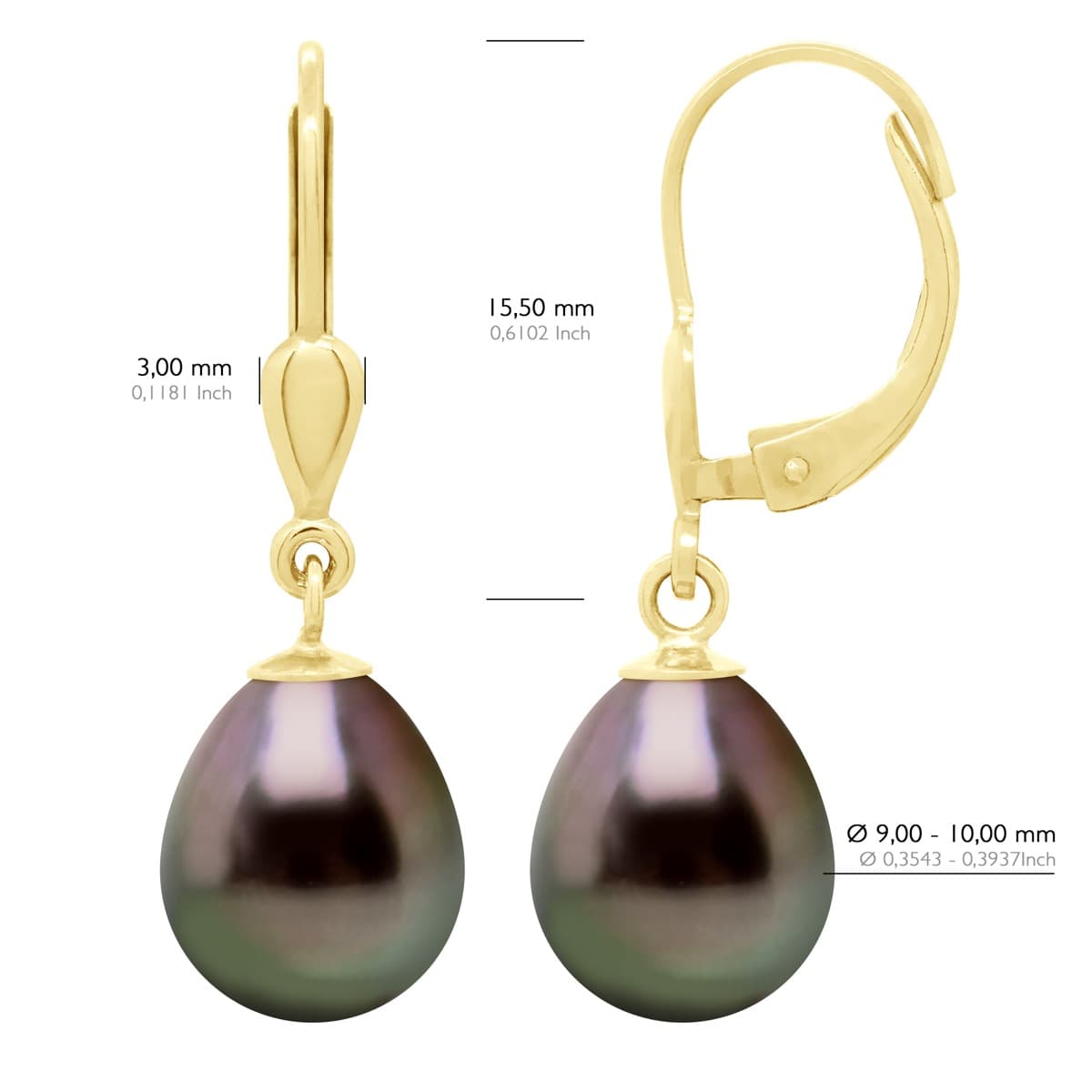 Boucles d'Oreilles Véritables Perles de Tahiti Poires 9-10 mm — Or Jaune 375 Millièmes 2