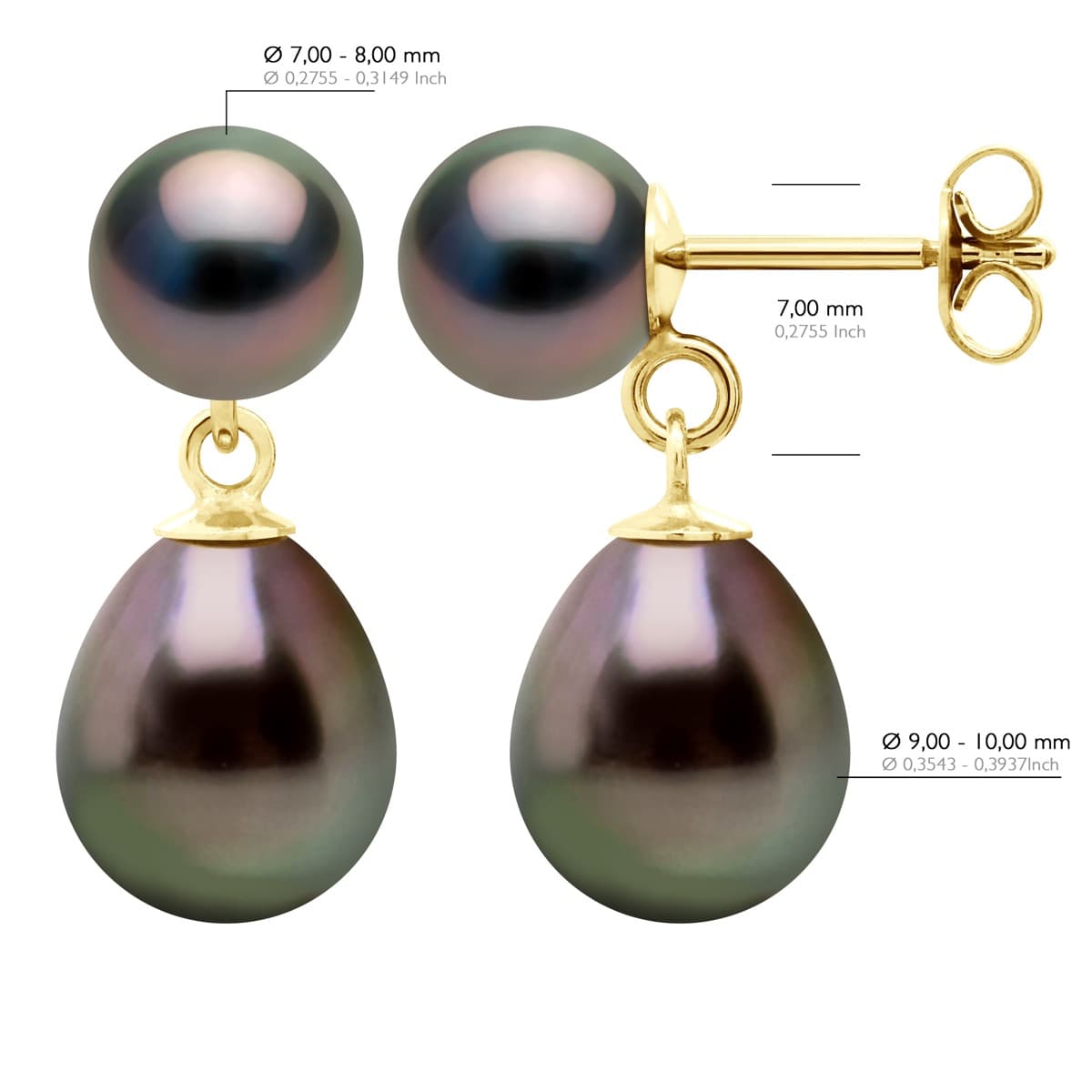 Boucles d'Oreilles Véritables Perles de Tahiti Poires 9-10 mm — Or Jaune 375 Millièmes 2