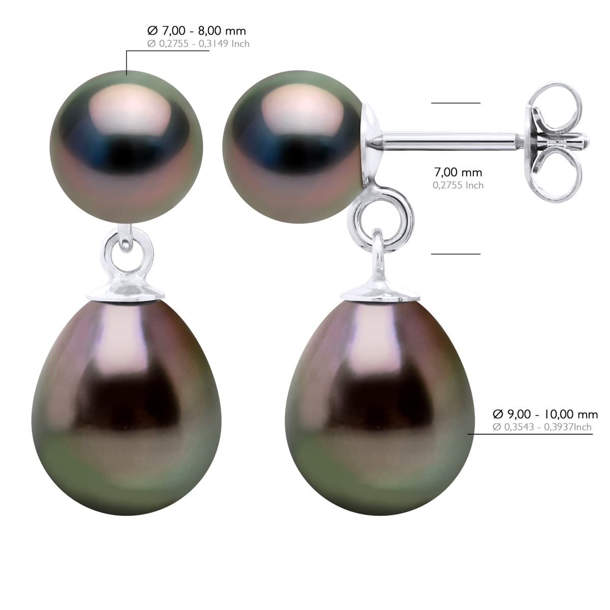 Boucles d'Oreilles Véritables Perles de Tahiti Poires 9-10 mm — Or Blanc 375 Millièmes 2