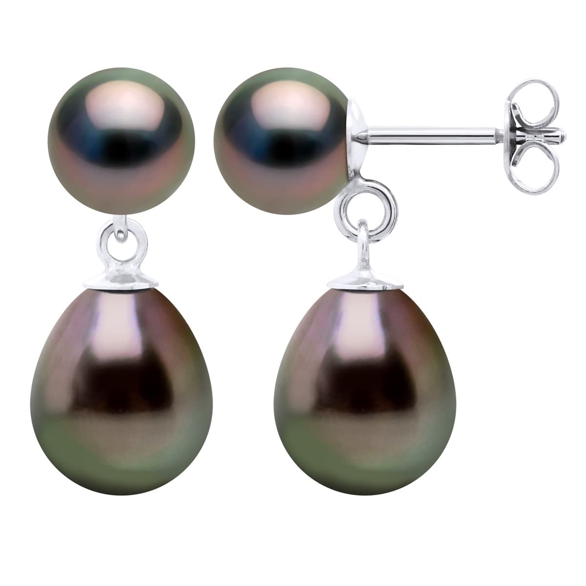 Boucles d'Oreilles Véritables Perles de Tahiti Poires 9-10 mm — Or Blanc 375 Millièmes 4