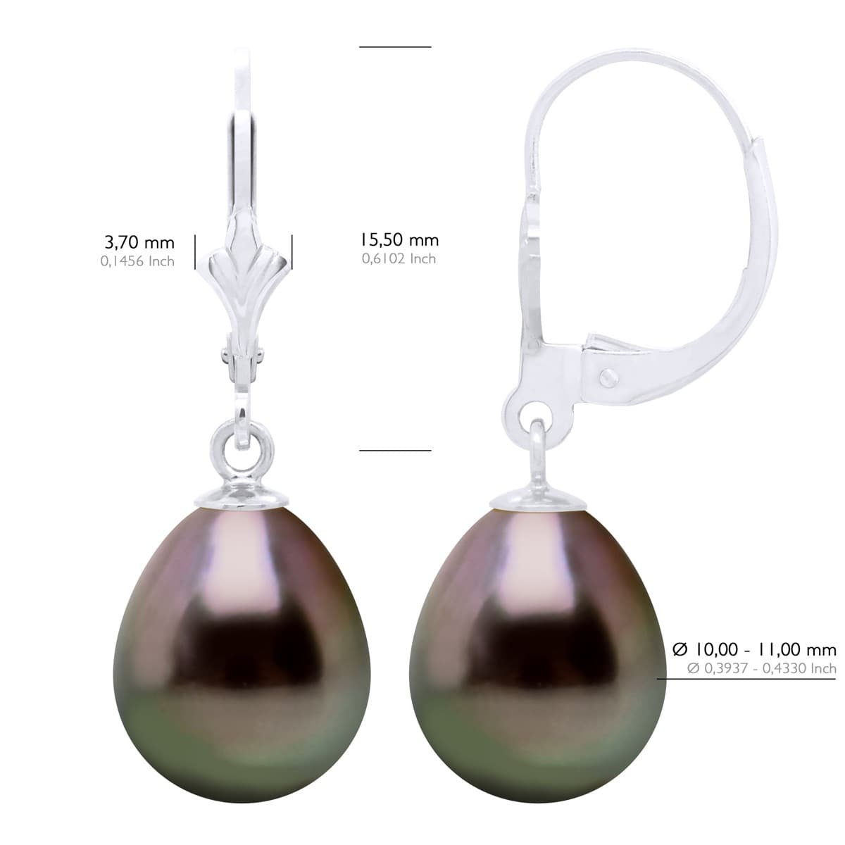 Boucles d'Oreilles Véritables Perles de Tahiti Poires 10-11 mm — Or Blanc 375 Millièmes 2