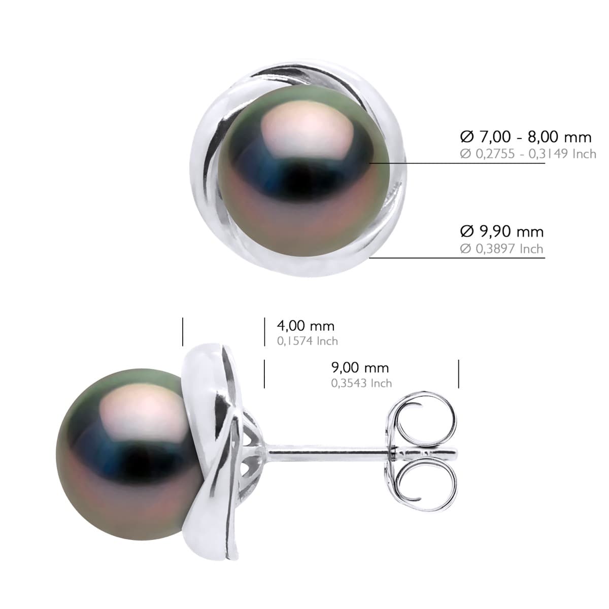 Boucles d'Oreilles Véritables Perles de Tahiti Rondes 7-8 mm — Or Blanc 375 Millièmes 3