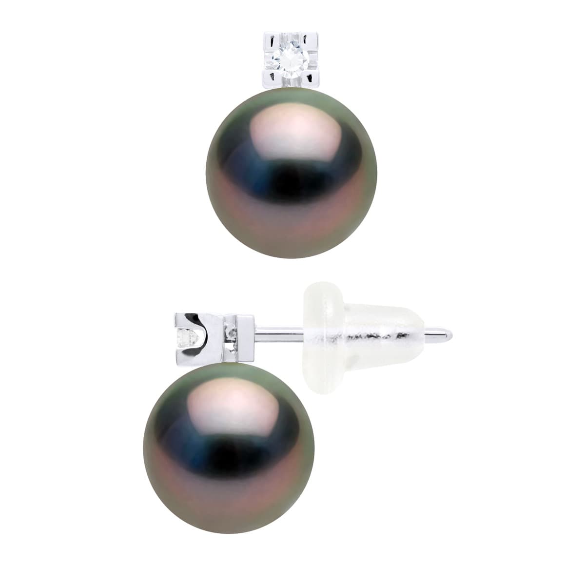 Boucles d'Oreilles Véritables Perles de Tahiti 8-9 mm Diamants 0.04 ct — Or Blanc 750 Millièmes 1