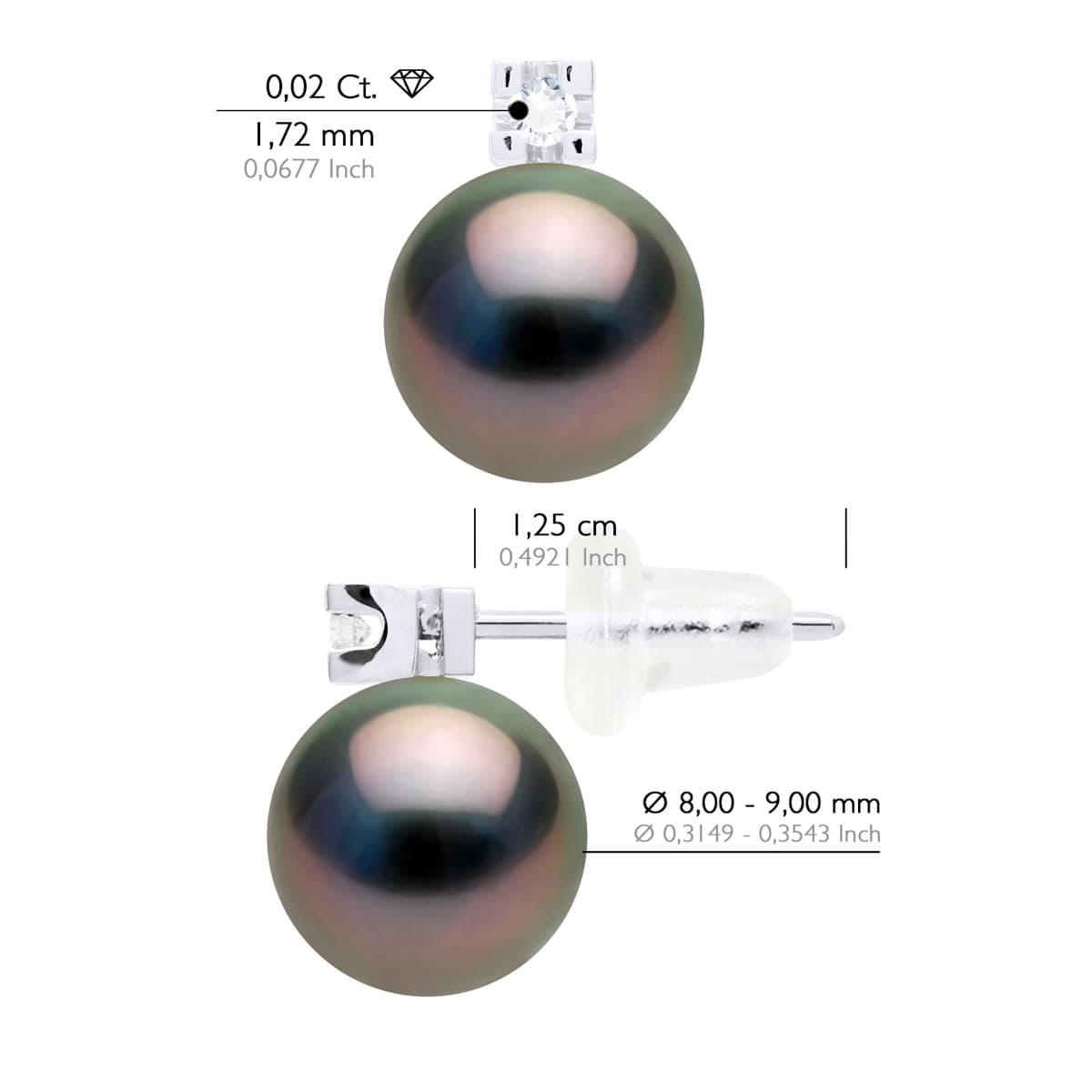 Boucles d'Oreilles Véritables Perles de Tahiti 8-9 mm Diamants 0.04 ct — Or Blanc 750 Millièmes 2