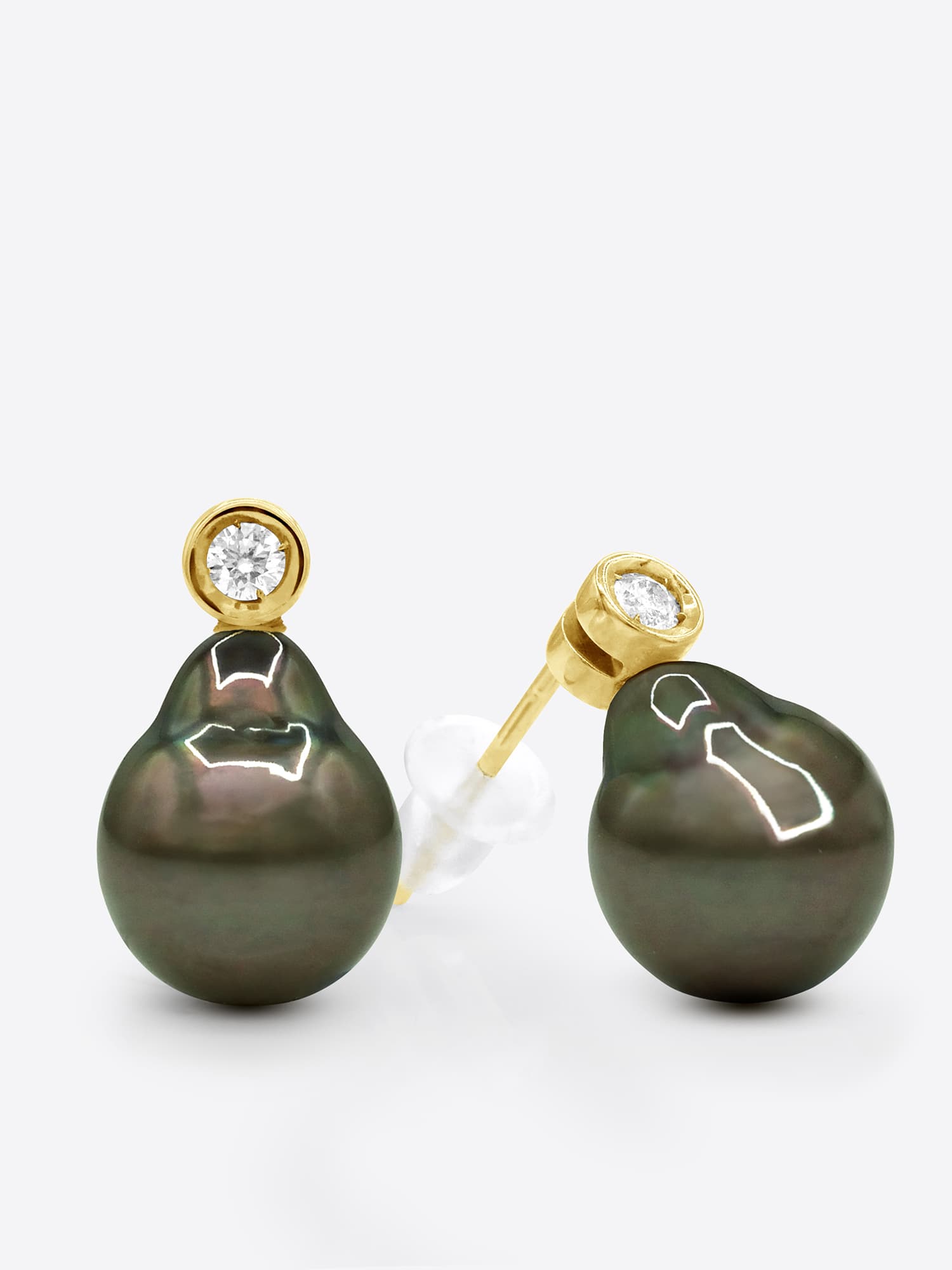 Boucles d'Oreilles Véritables Perles de Tahiti 9-10 mm Diamants 0.04 ct — Or Jaune 375 Millièmes 1