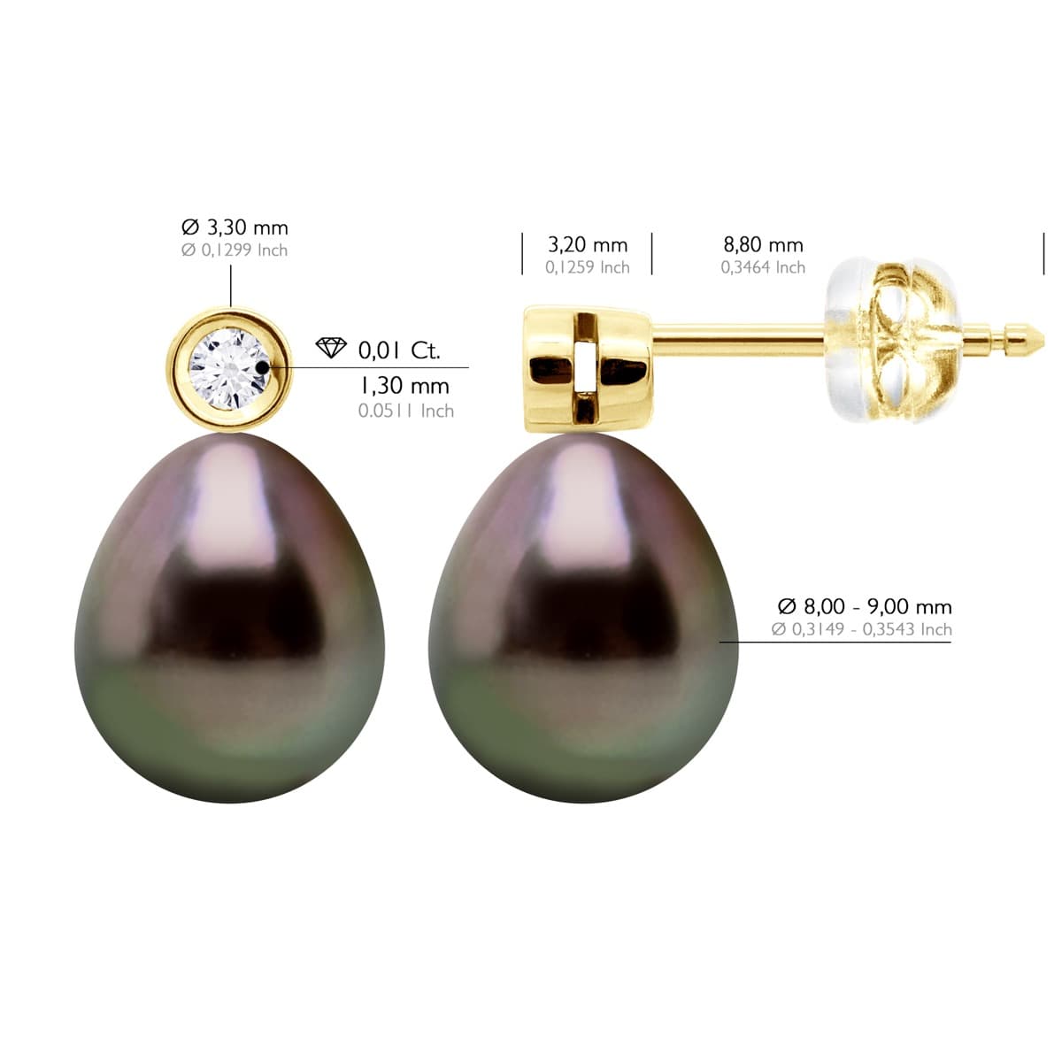 Boucles d'Oreilles Véritables Perles de Tahiti 9-10 mm Diamants 0.04 ct — Or Jaune 375 Millièmes 2