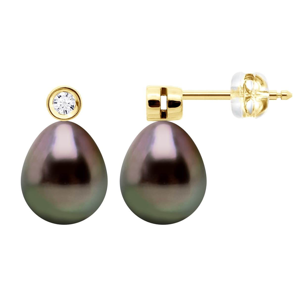 Boucles d'Oreilles Véritables Perles de Tahiti 9-10 mm Diamants 0.04 ct — Or Jaune 375 Millièmes 5