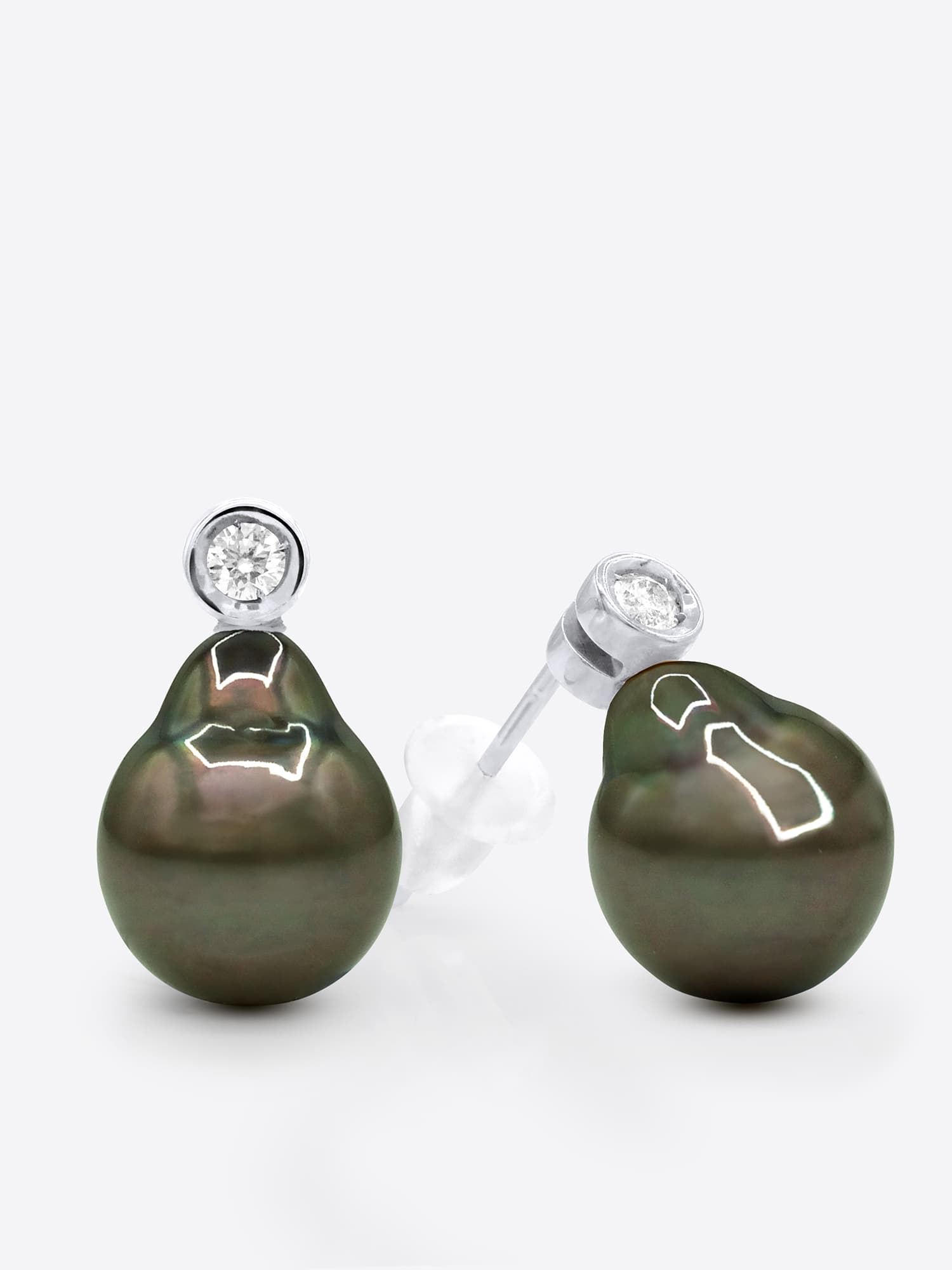 Boucles d'Oreilles Véritables Perles de Tahiti 9-10 mm Diamants 0.04 ct — Or Blanc 375 Millièmes 1