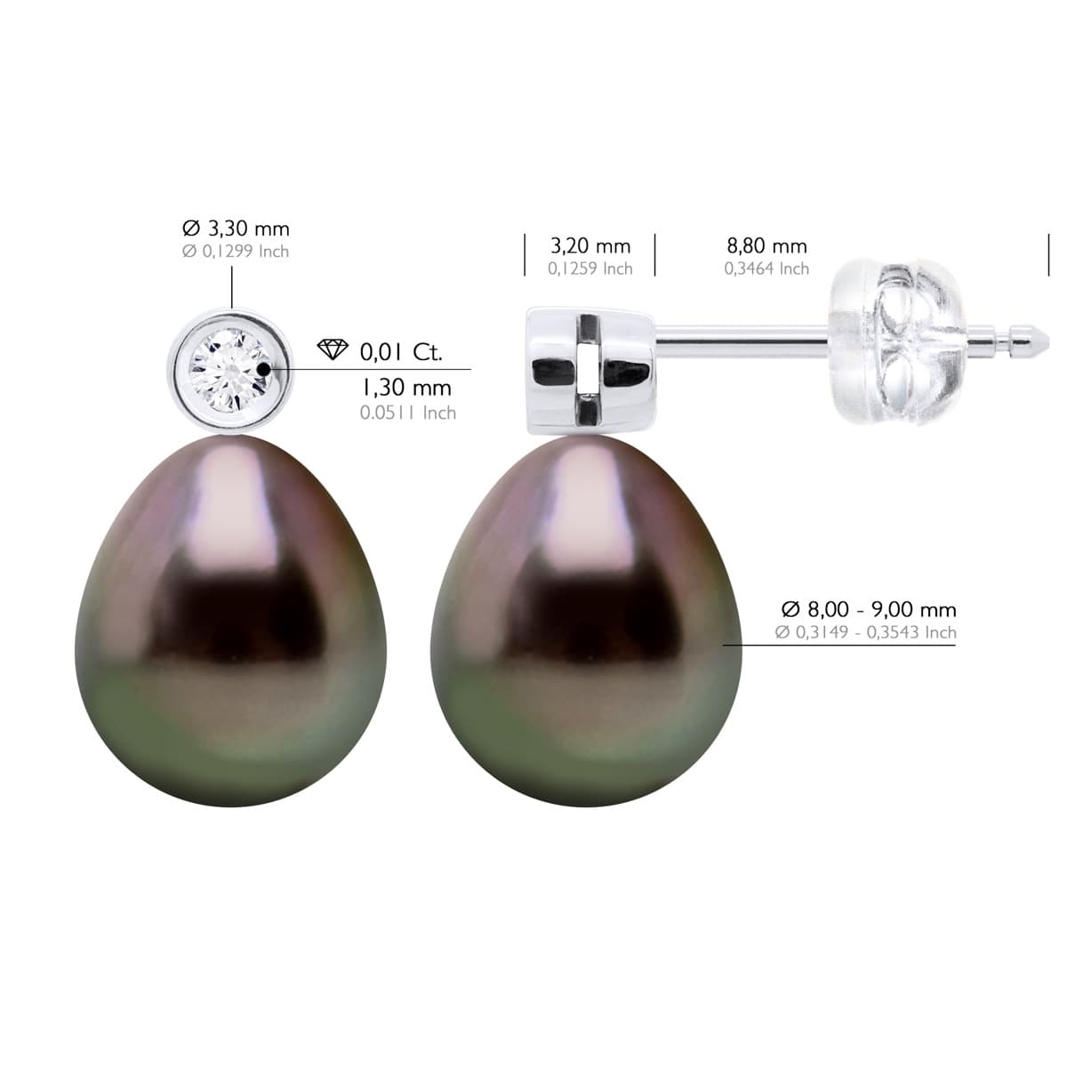 Boucles d'Oreilles Véritables Perles de Tahiti 9-10 mm Diamants 0.04 ct — Or Blanc 375 Millièmes 2