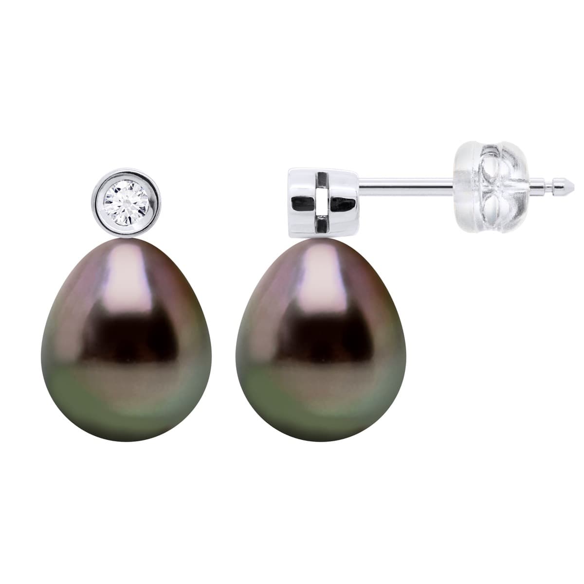 Boucles d'Oreilles Véritables Perles de Tahiti 9-10 mm Diamants 0.04 ct — Or Blanc 375 Millièmes 4