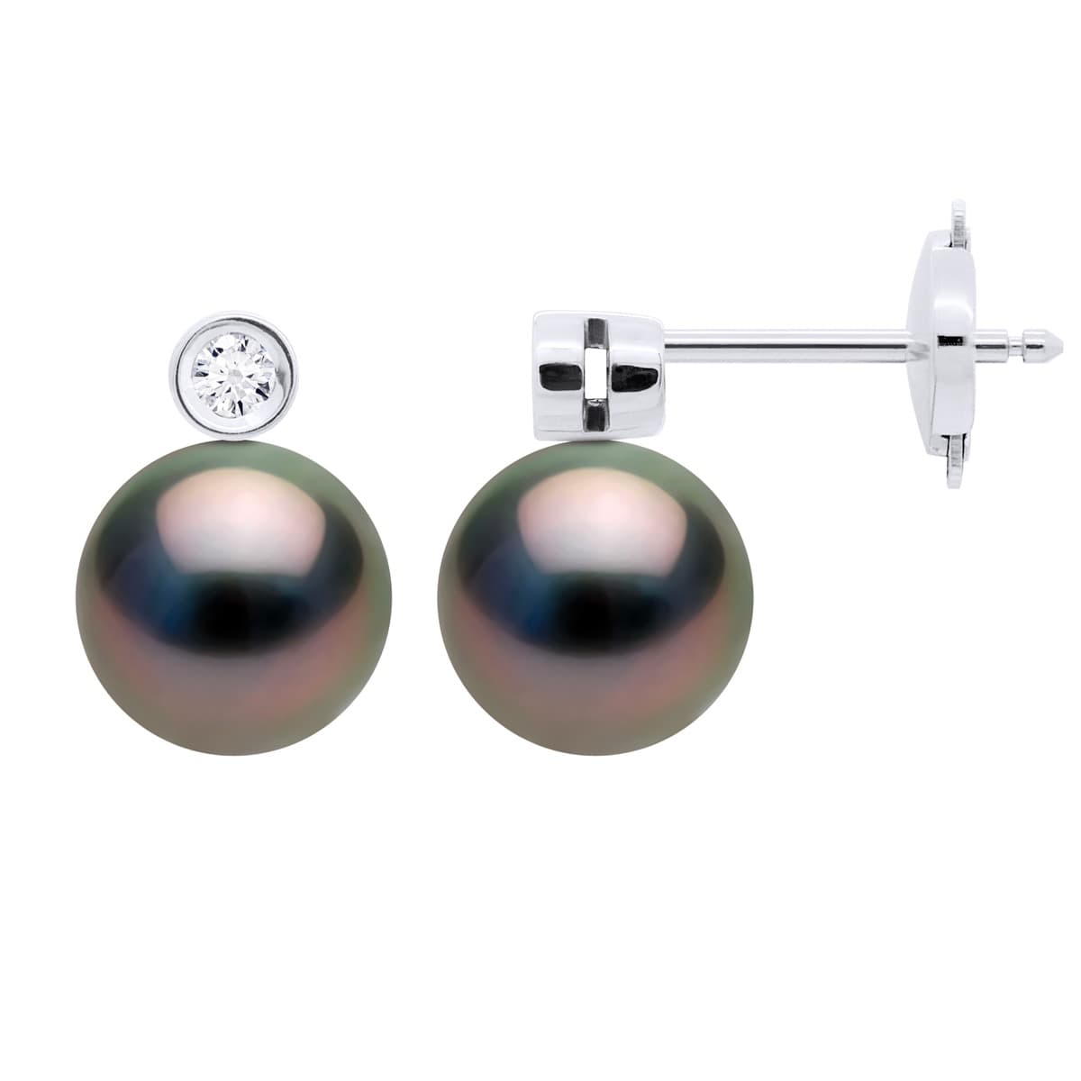 Boucles d'Oreilles Véritables Perles de Tahiti 8-9 mm Diamants 0.04 ct — Or Blanc 750 Millièmes 1