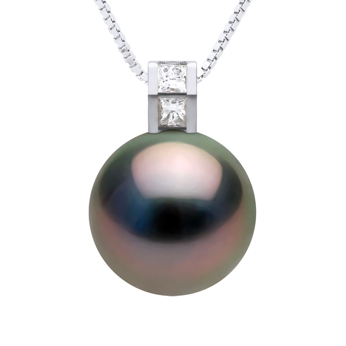 Pendentif Véritable Perle de Tahiti Ronde 11-12 mm Diamant 0.04 ct — Or Blanc 375 Millièmes 1