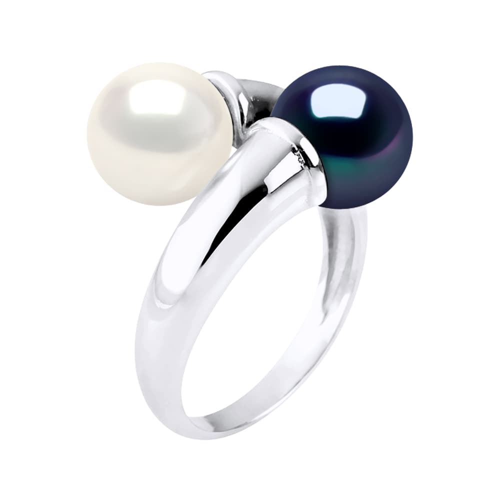 Bague Toi & Moi Véritables Perles de Culture d'Eau Douce Rondes 7-8 mm — Argent 925 Millièmes Rhodié 1