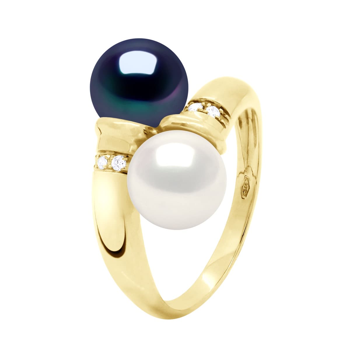 Bague Toi & Moi Véritables Perles d'Eau Douce 8-9 mm Diamants 0.06 ct — Or Jaune 375 Millièmes 1