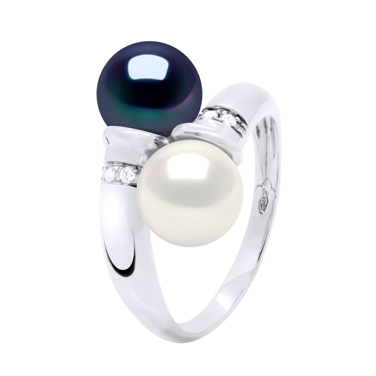 Bague Toi & Moi Véritables Perles d'Eau Douce 8-9 mm Diamants 0.06 ct — Or Blanc 375 Millièmes 1