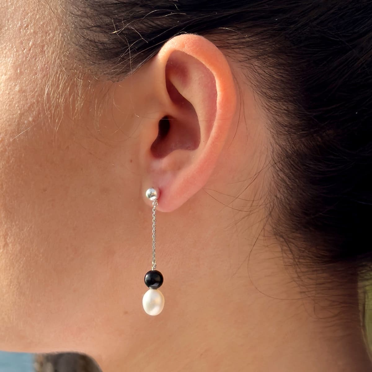 Boucles d'Oreilles Pendantes Véritable Perle d'Eau Douce Poire 7-8 mm — Argent 925 Millièmes 2