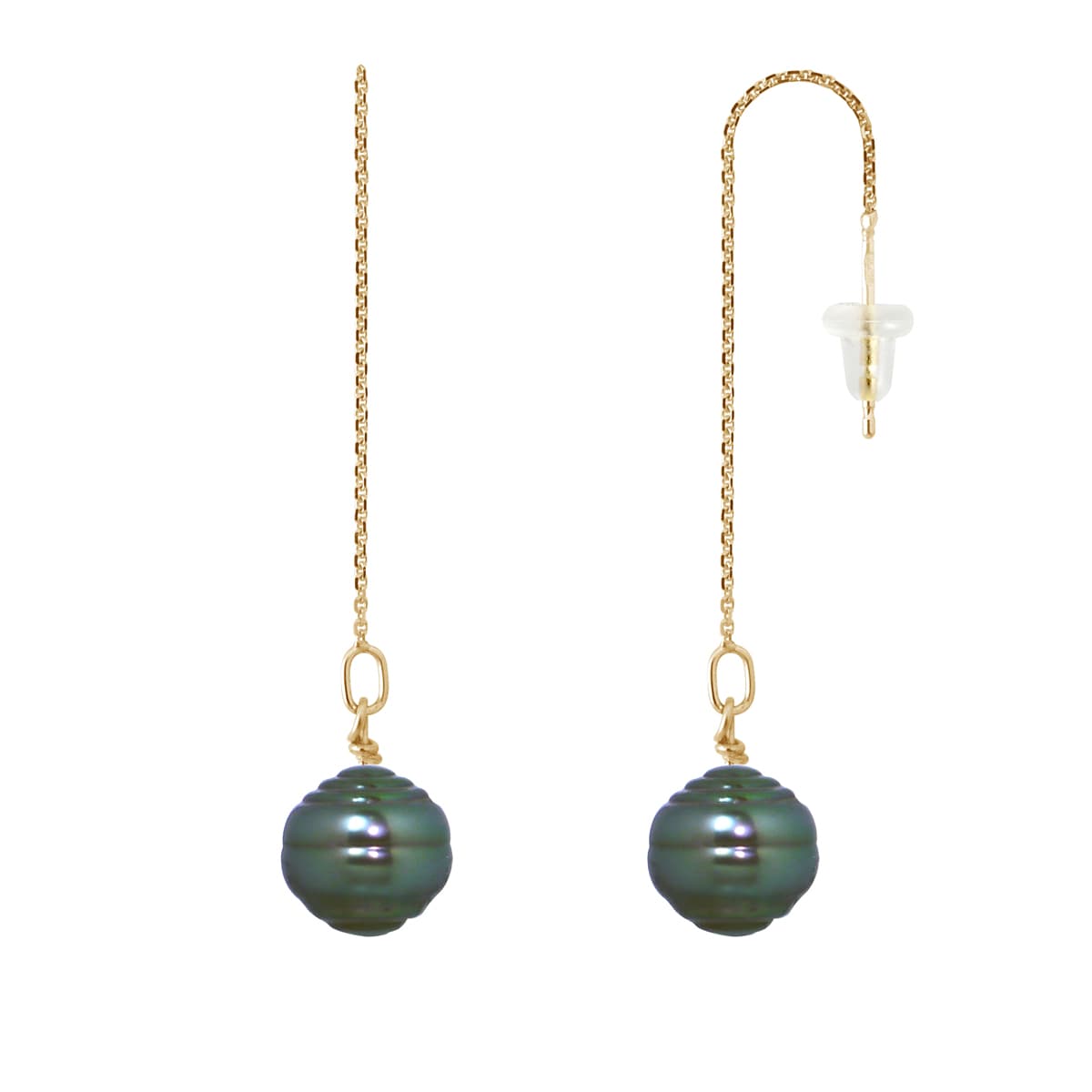 Boucles d'Oreilles Pendantes Véritables Perles de Tahiti Cerclées 9-10 mm — Or Jaune 375 Millièmes 1