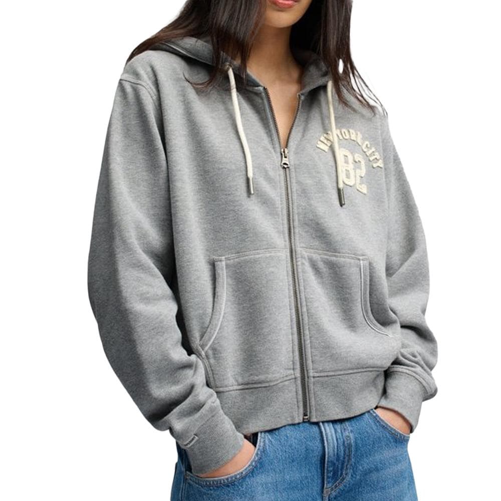Sweat zippé à capuche femme gris chiné Superdry Relaxed Crop 1