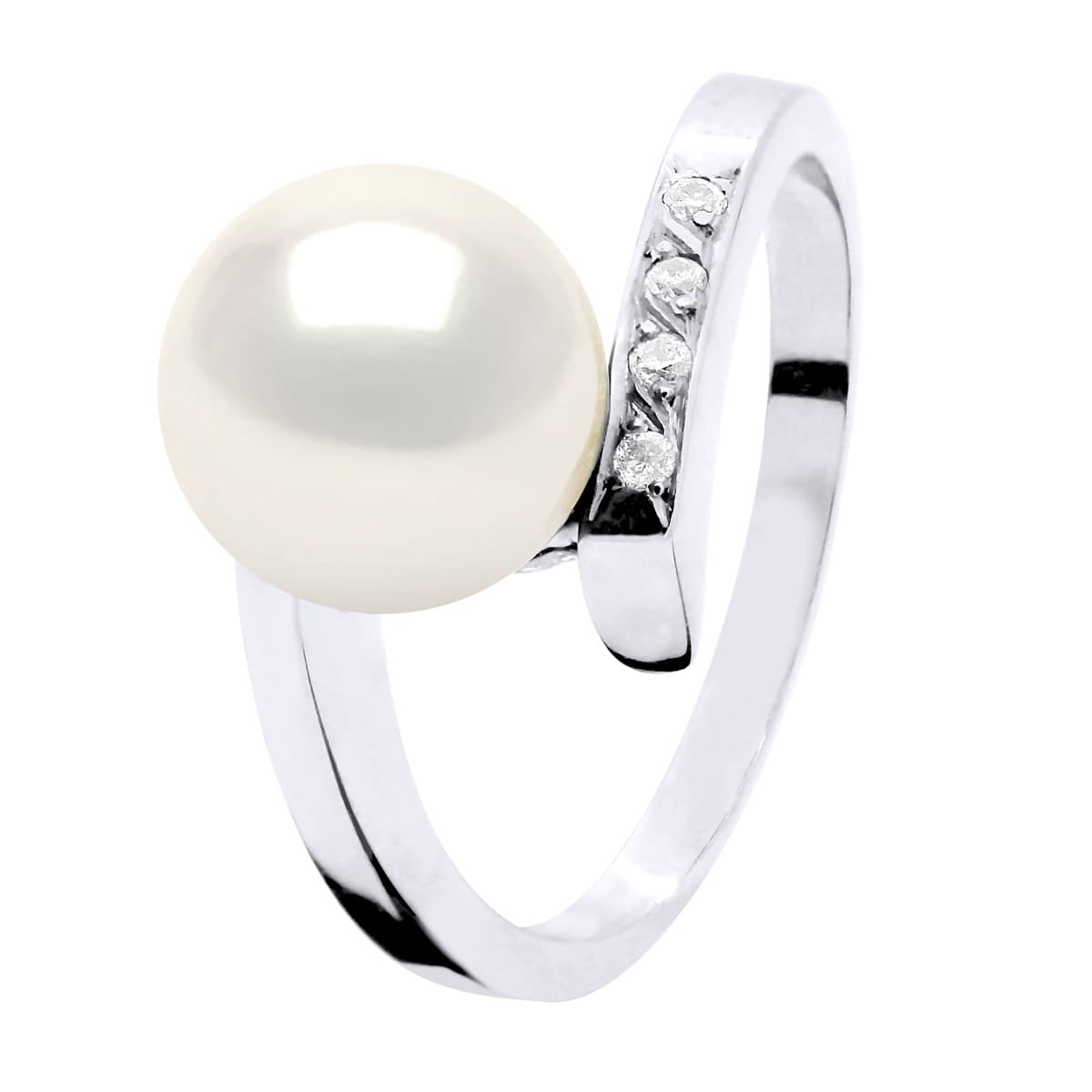 Bague Véritable Perle d'Eau Douce Ronde 8-9 mm Diamant 0.04 ct — Or Blanc 375 Millièmes 3