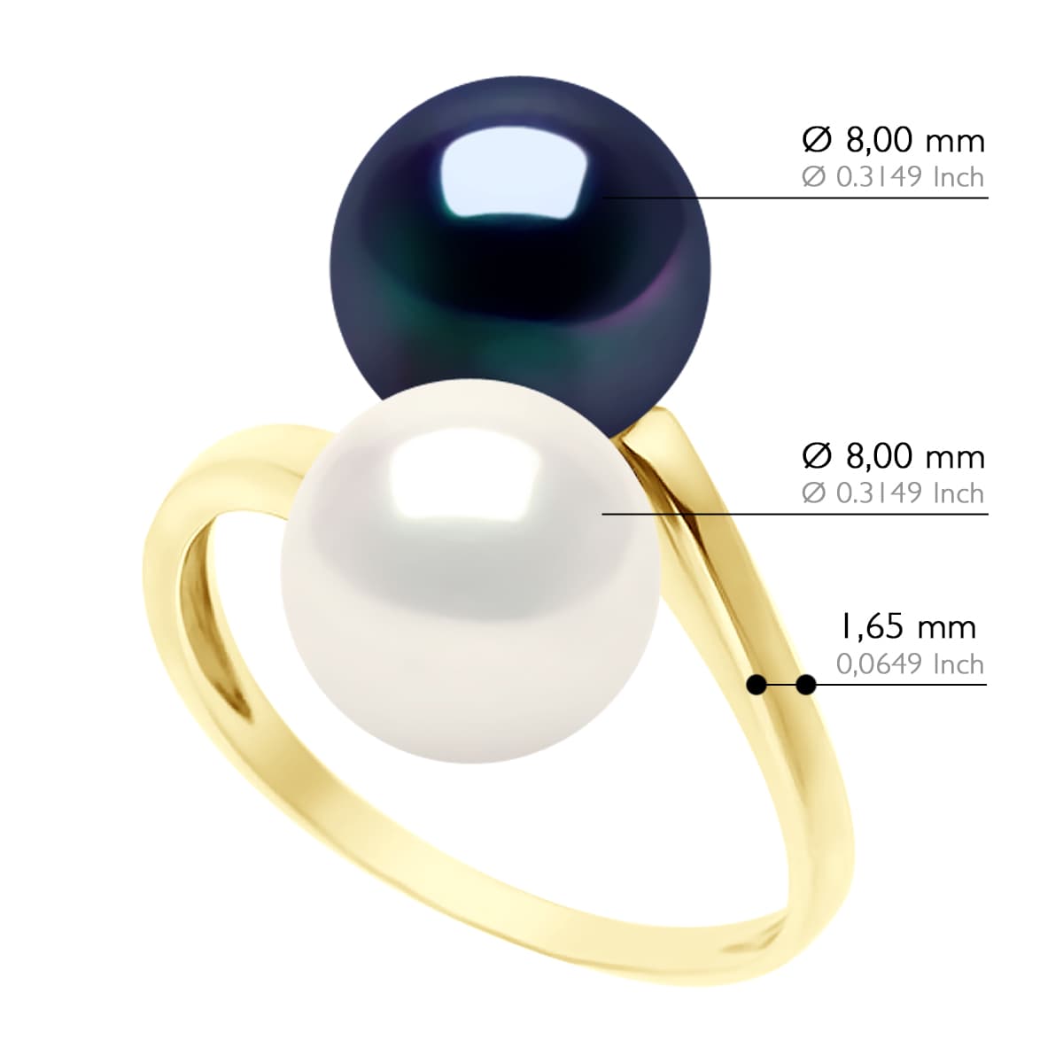 Bague Toi & Moi Véritables Perles d'Eau Douce Rondes 8-9 mm — Or Jaune 375 Millièmes 2