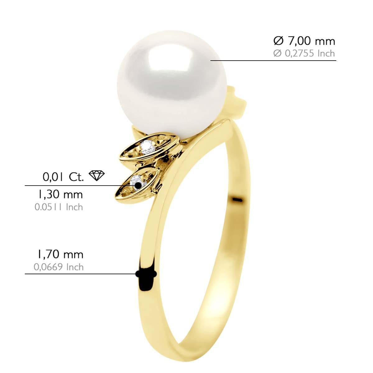 Bague Véritable Perle d'Eau Douce Ronde 7-8 mm Diamants 0.04 ct — Or Jaune 375 Millièmes 2