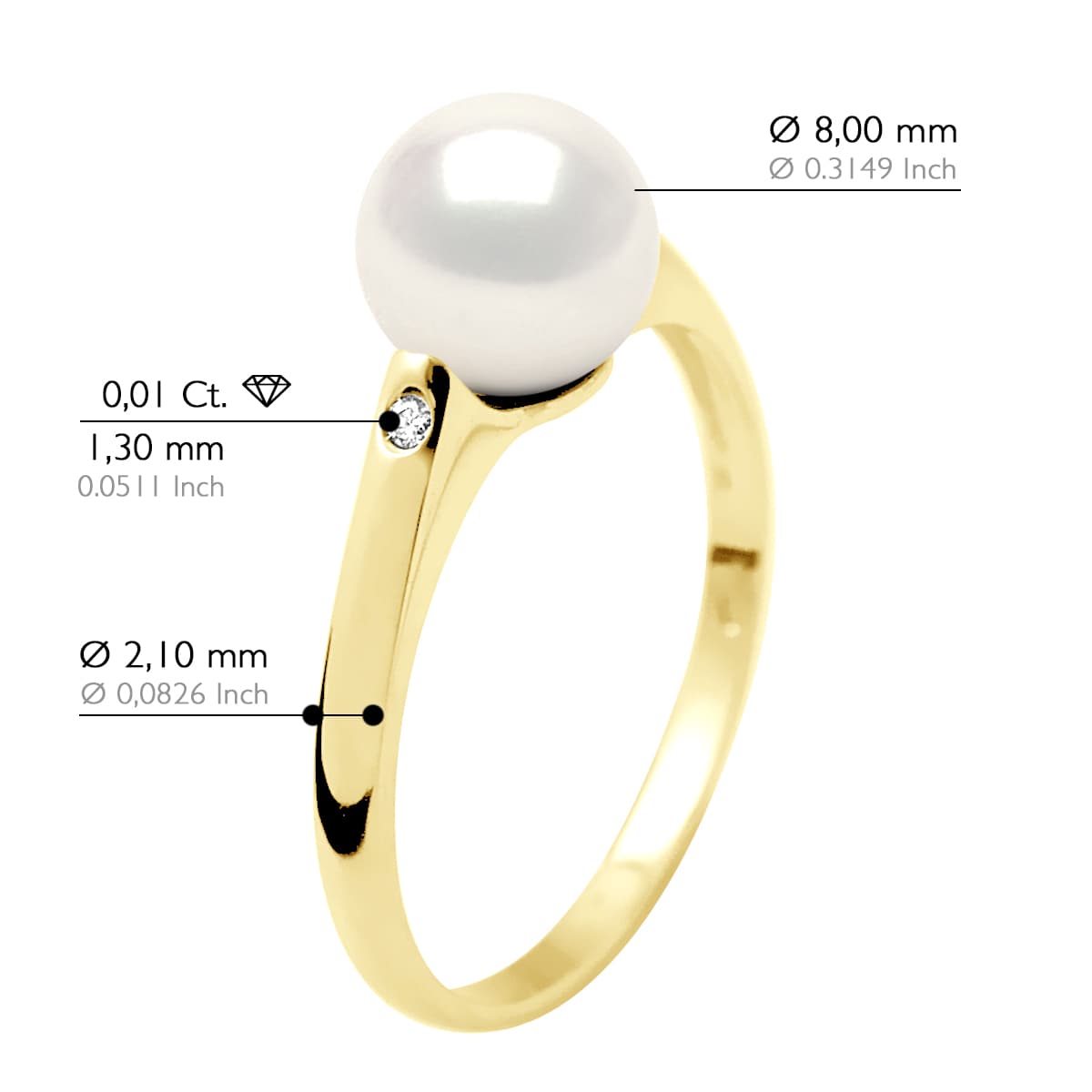 Bague Solitaire Véritable Perle d'Eau Douce Ronde 8-9 mm Diamants 0.02 ct — Or Jaune 375 Millièmes 3
