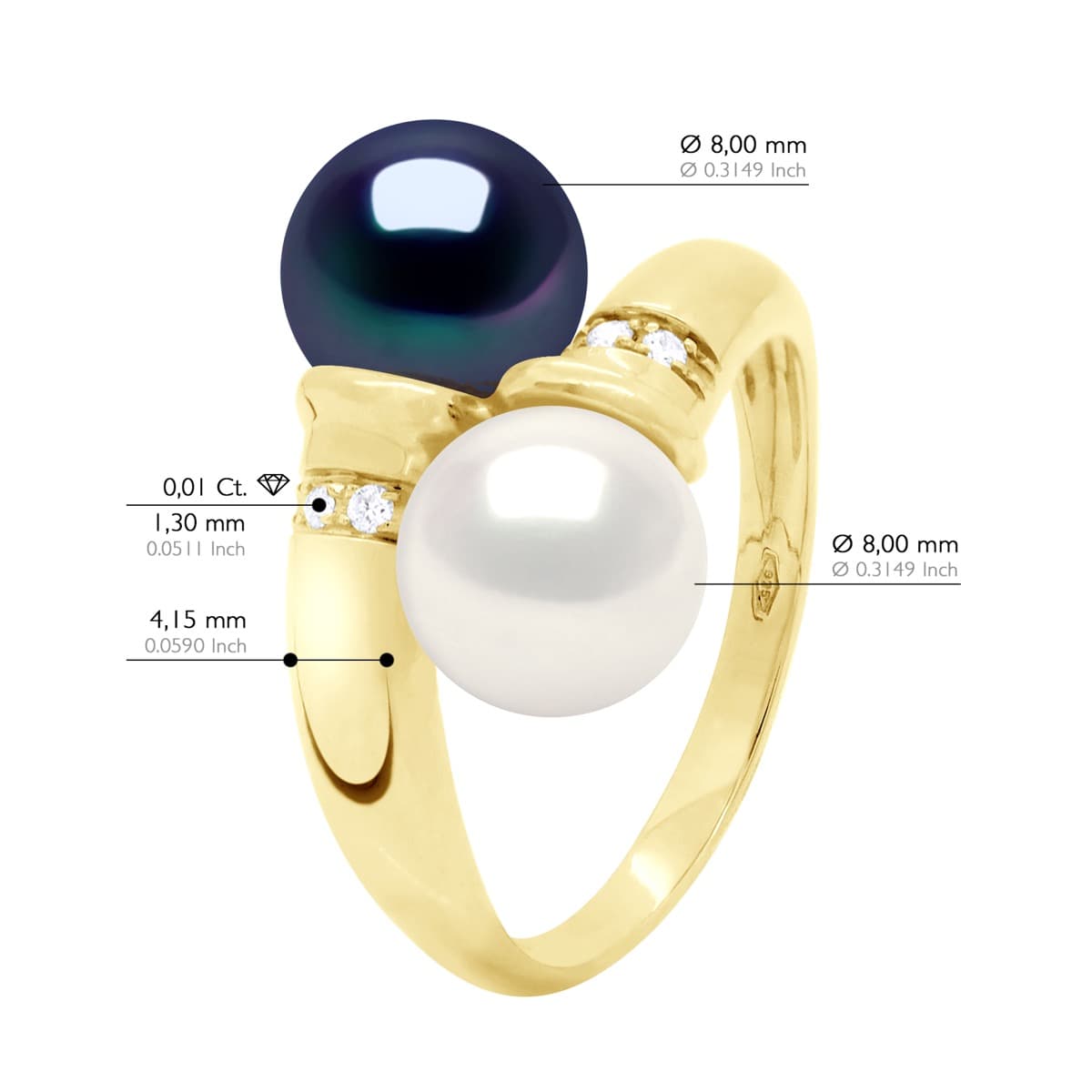 Bague Toi & Moi Véritables Perles d'Eau Douce 8-9 mm Diamants 0.04 ct — Or Jaune 375 Millièmes 2