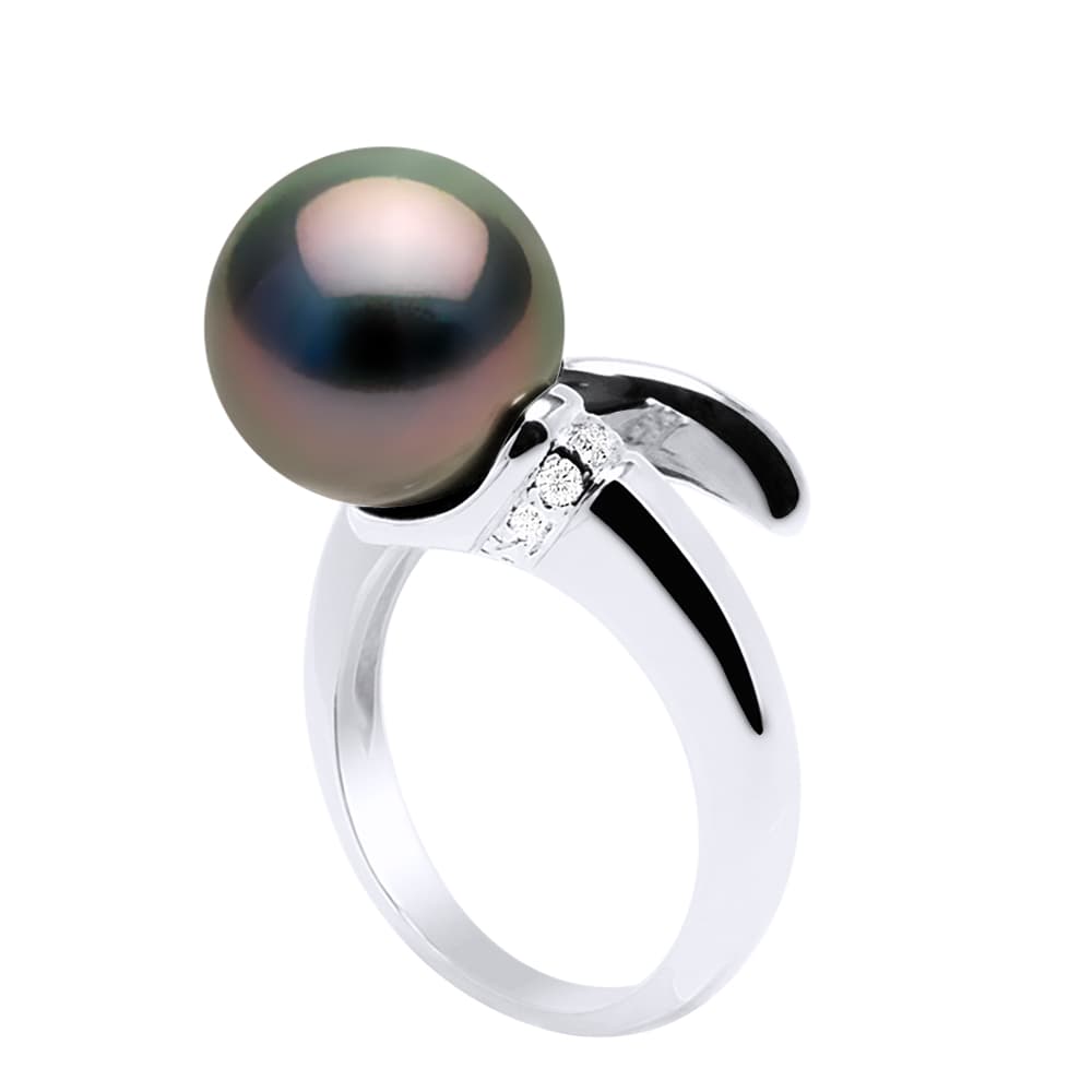 Bague Véritable Perle de Tahiti Ronde 10-11 mm Diamants 0.04 ct — Or Blanc 750 Millièmes 1