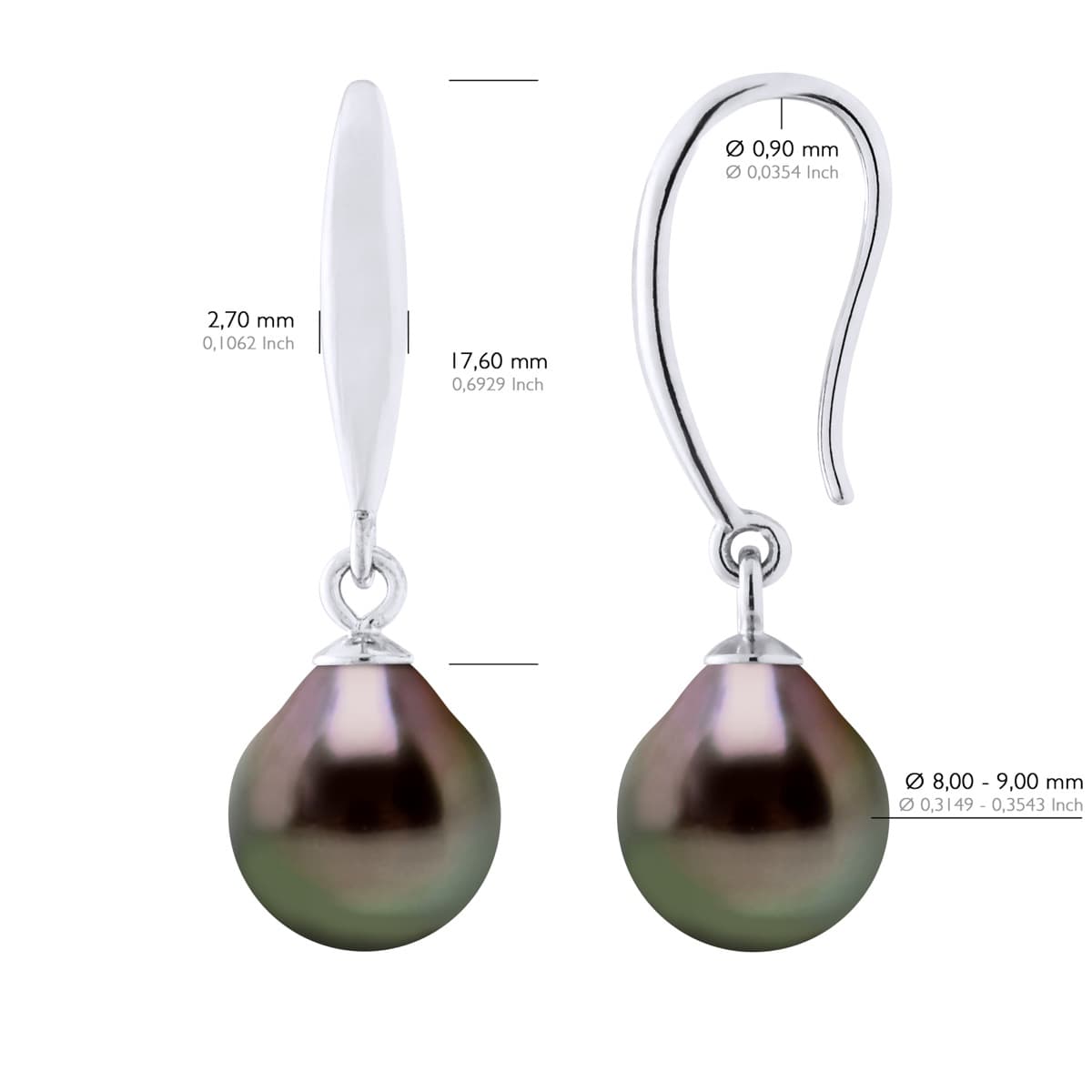 Boucles d'Oreilles Véritables Perles de Tahiti Poires 8-9 mm — Argent 925 Millièmes 2