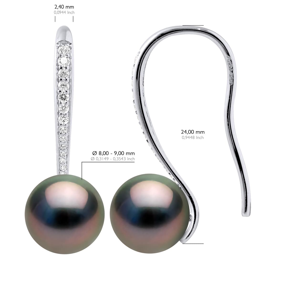 Boucles d'Oreilles Véritables Perles de Tahiti Rondes 8-9 mm — Argent 925 Millièmes Rhodié 2