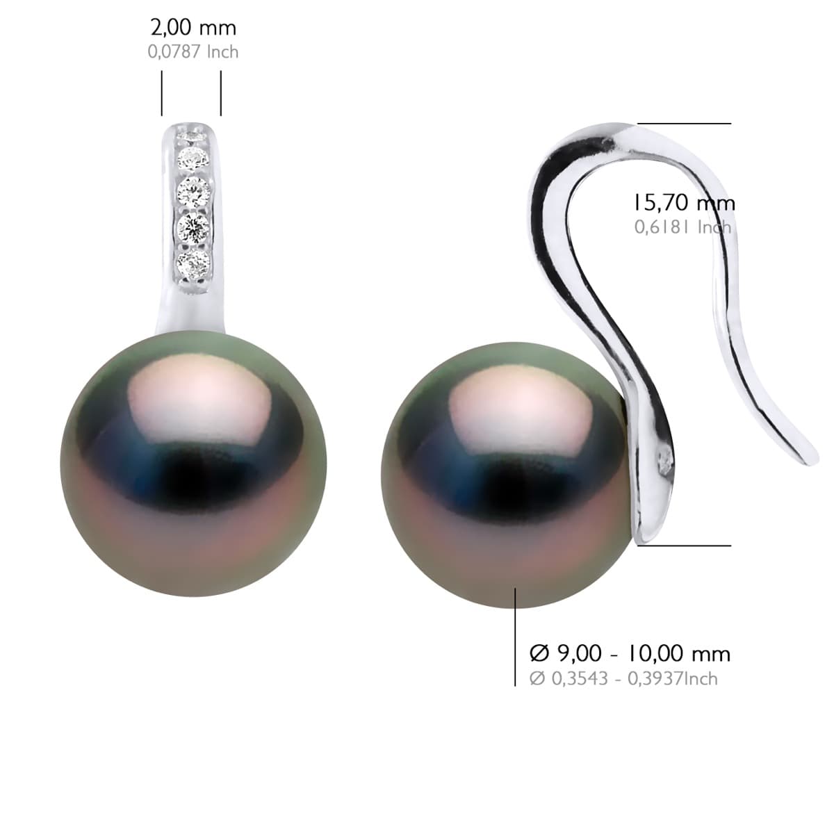 Boucles d'Oreilles Véritables Perles de Tahiti Rondes 9-10 mm — Argent 925 Millièmes 2