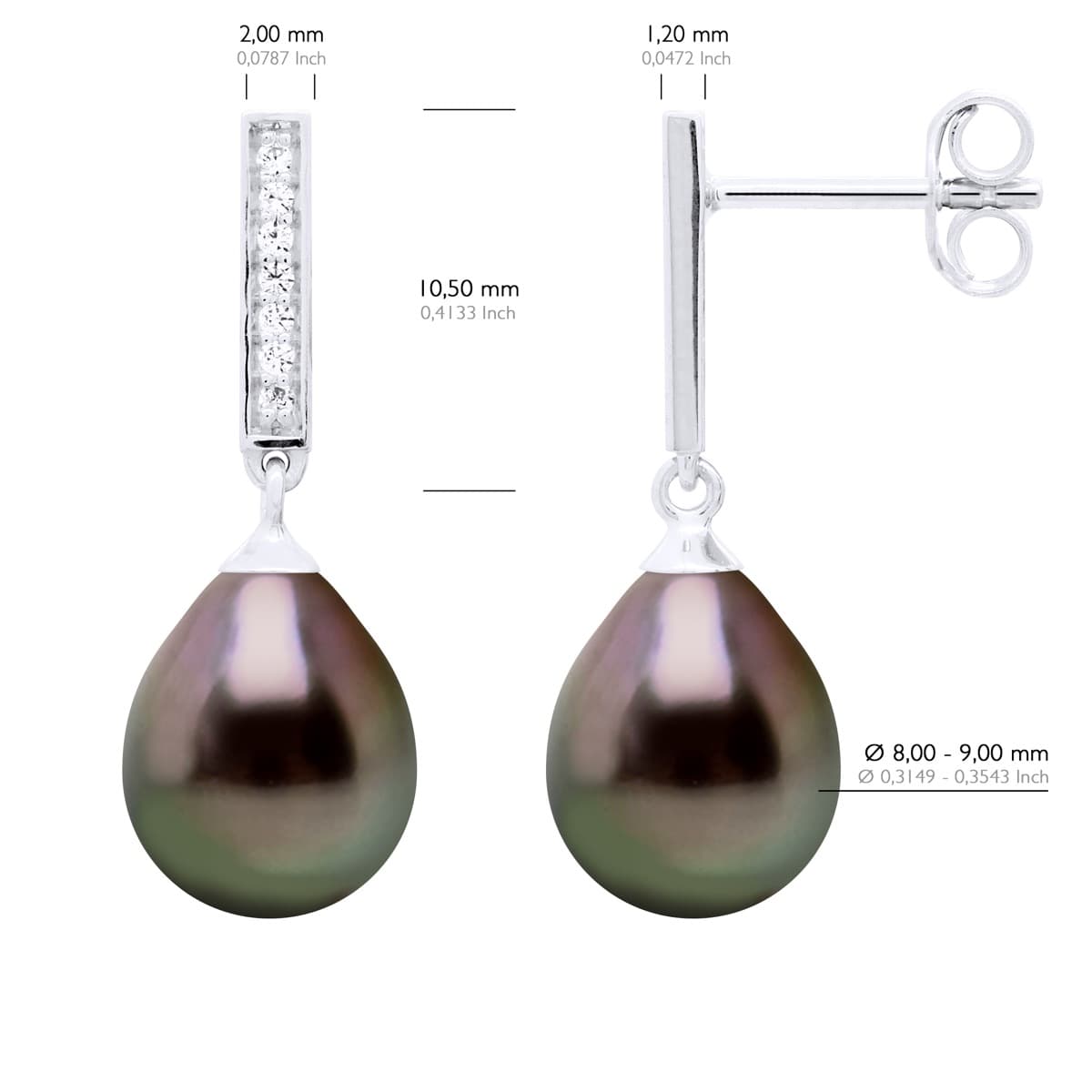 Boucles d'Oreilles Véritables Perles de Tahiti Poires 8-9 mm — Argent 925 Millièmes 2