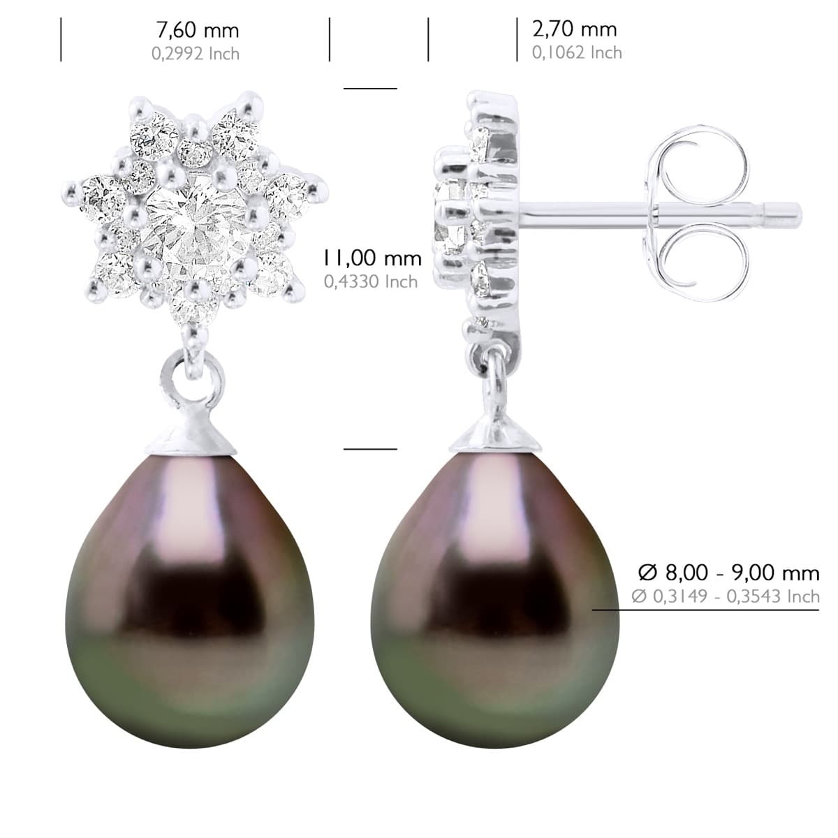 Boucles d'Oreilles Véritables Perles de Tahiti Poires 8-9 mm — Argent 925 Millièmes 2