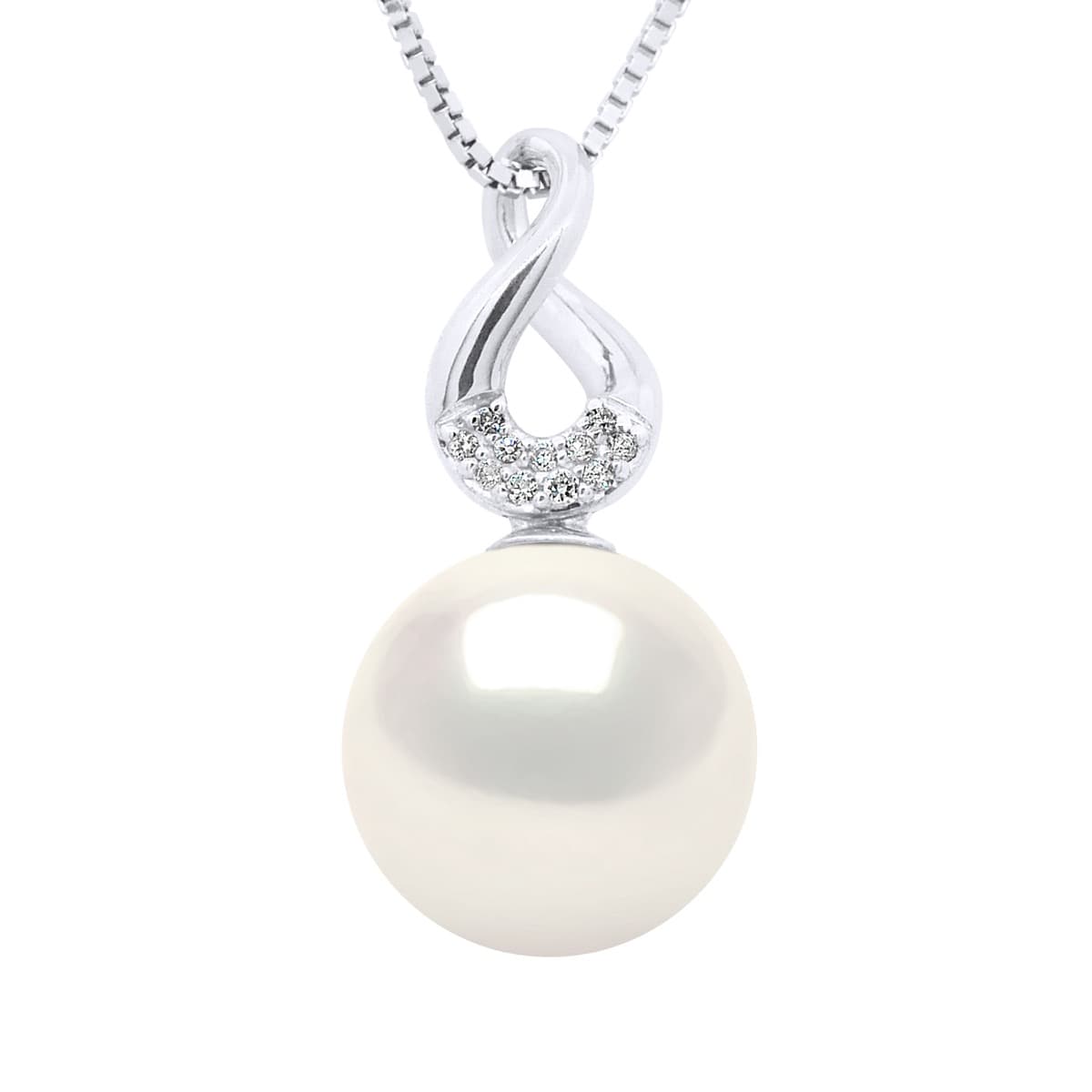 Collier Véritable Perle d'Eau Douce Ronde 9-10 mm Diamants 0.03 ct — Or Blanc 375 Millièmes — 42 cm 1