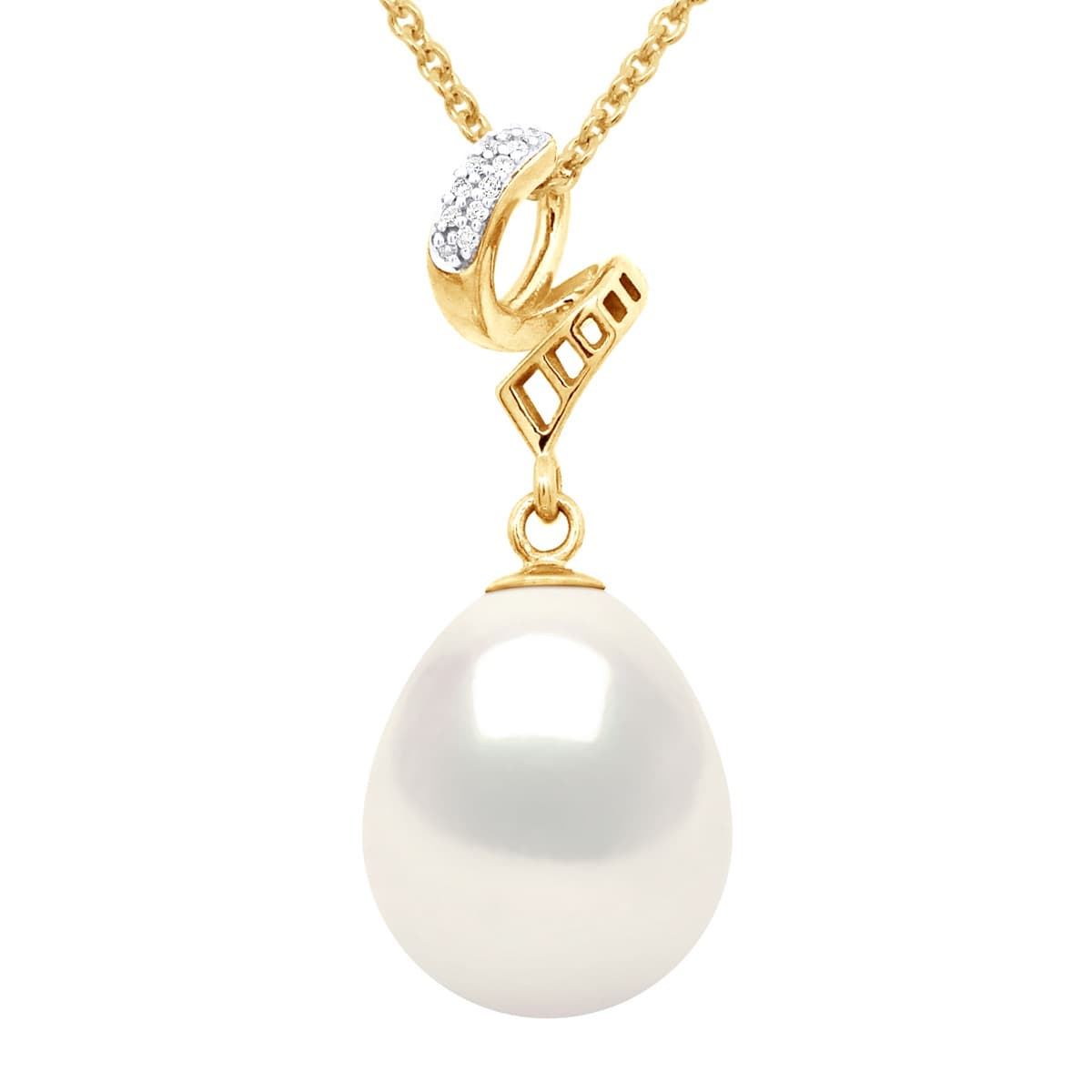 Collier Véritable Perle d'Eau Douce Poire 11-12 mm Diamants 0.03 ct — Or Jaune 375 Millièmes — 42 cm 1