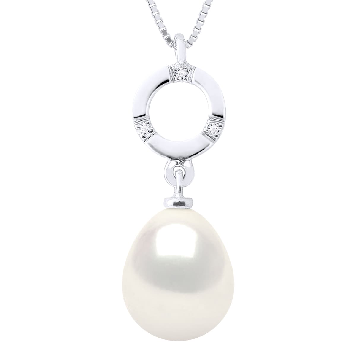 Collier Véritable Perle de Tahiti Poire 9-10 mm Diamant 0.01 ct — Or Blanc 375 Millièmes — 42 cm 1