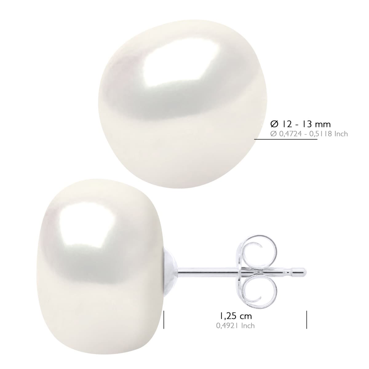 Boucles d'Oreilles Véritables Perles d'Eau Douce Baroques 12-13 mm — Or Blanc 375 Millièmes 2