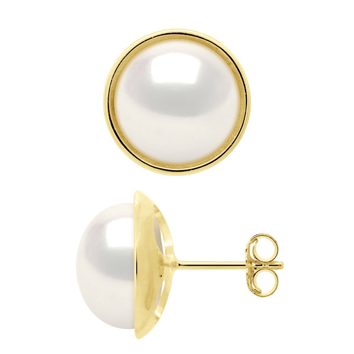 Boucles d'Oreilles Véritables Perles d'Eau Douce Bouton 10-11 mm — Or Jaune 375 Millièmes 2